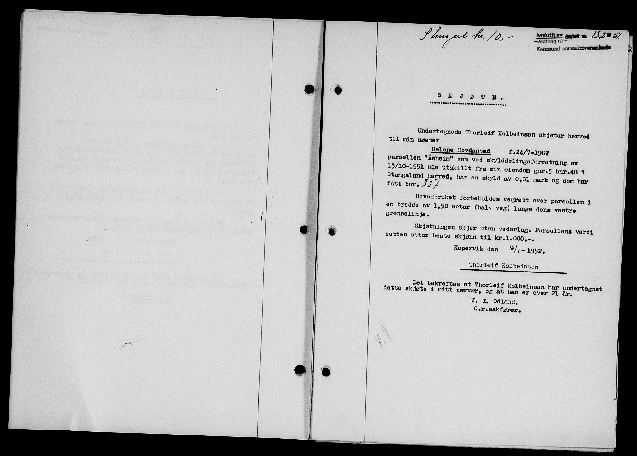Karmsund sorenskriveri, SAST/A-100311/01/II/IIB/L0104: Pantebok nr. 84A, 1951-1952, Dagboknr: 132/1952