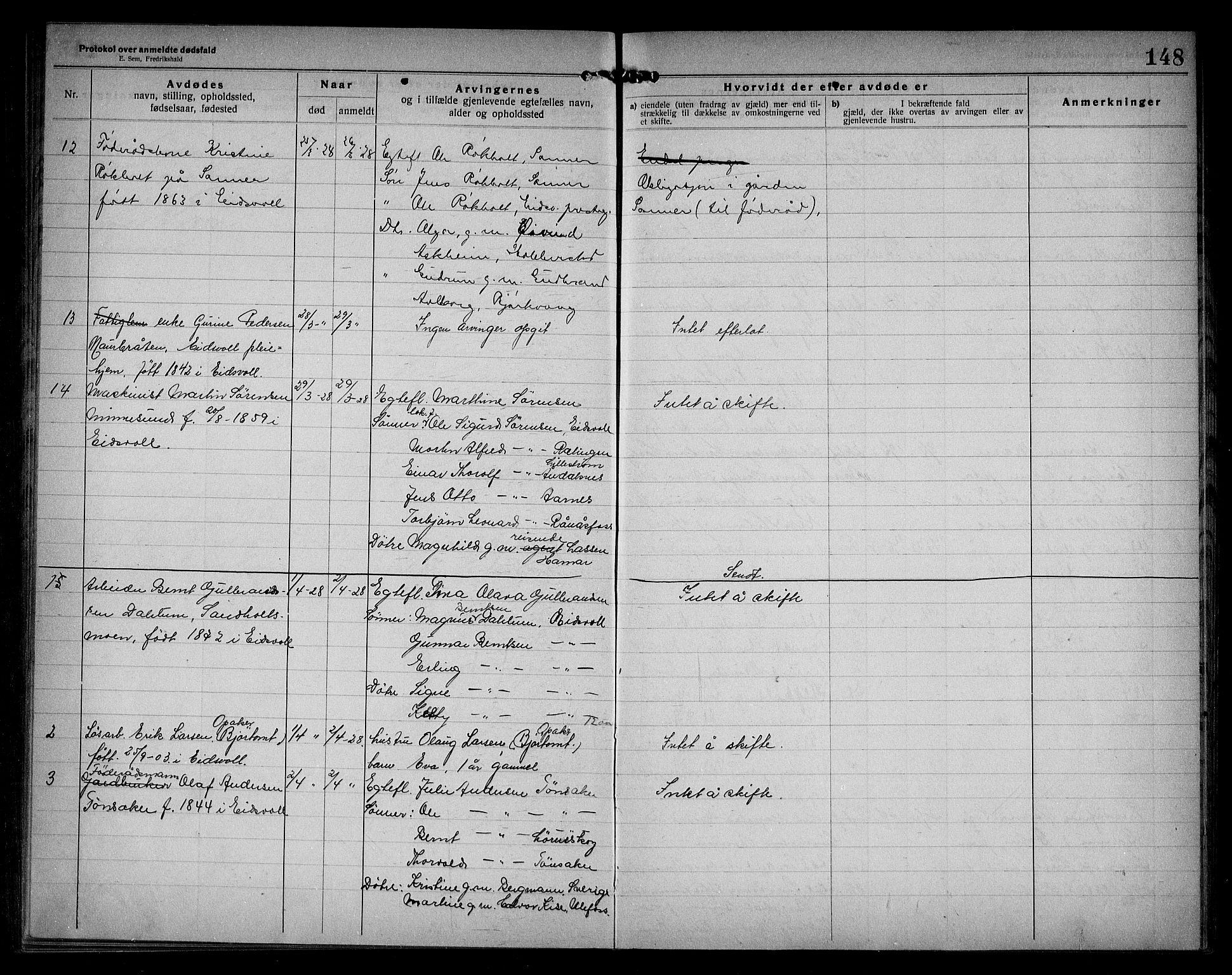 Eidsvoll lensmannskontor, SAO/A-10266a/H/Ha/Haa/L0005: Dødsfallprotokoll, 1921-1930, s. 148