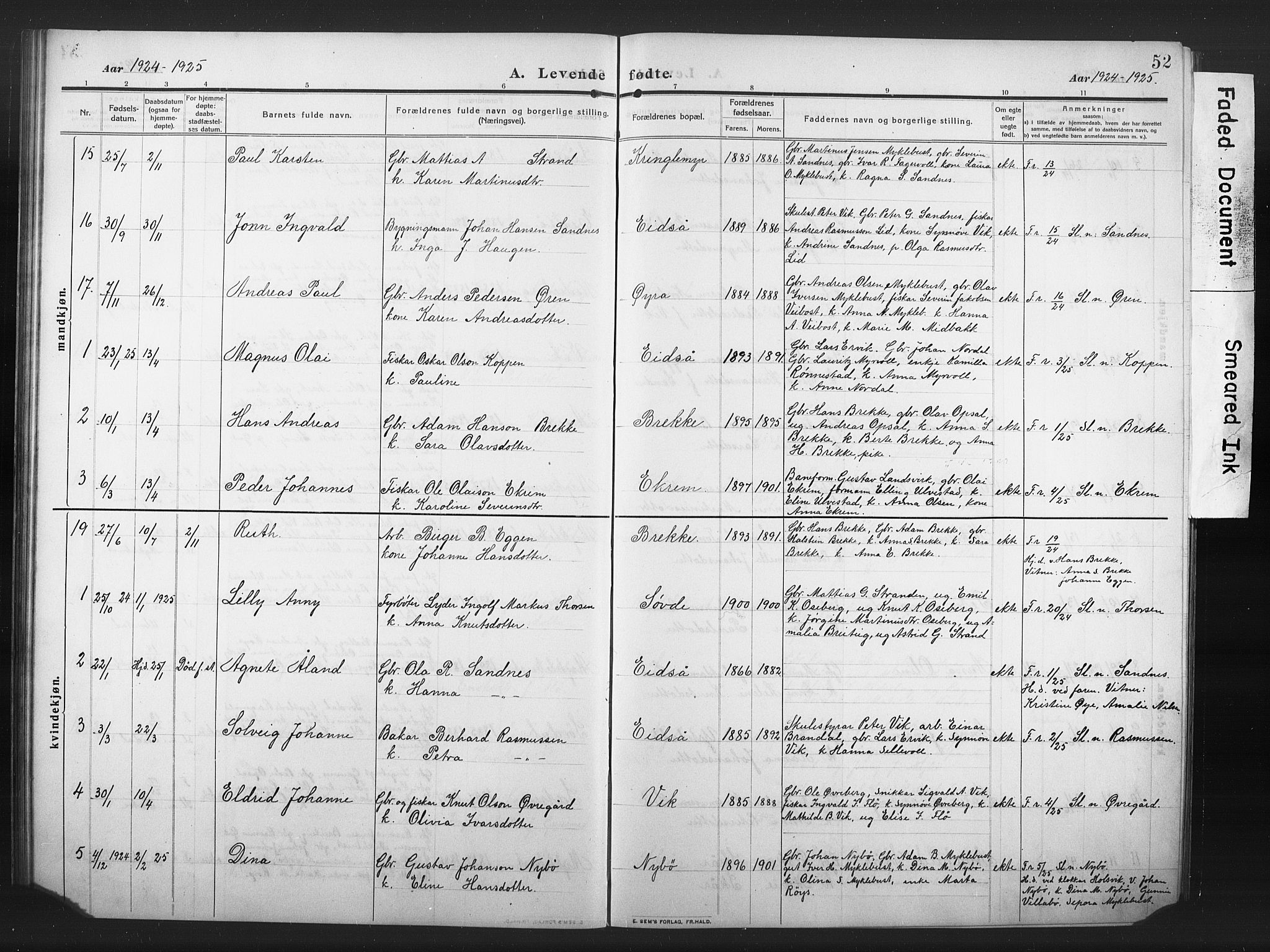 Ministerialprotokoller, klokkerbøker og fødselsregistre - Møre og Romsdal, AV/SAT-A-1454/502/L0028: Klokkerbok nr. 502C02, 1909-1932, s. 52