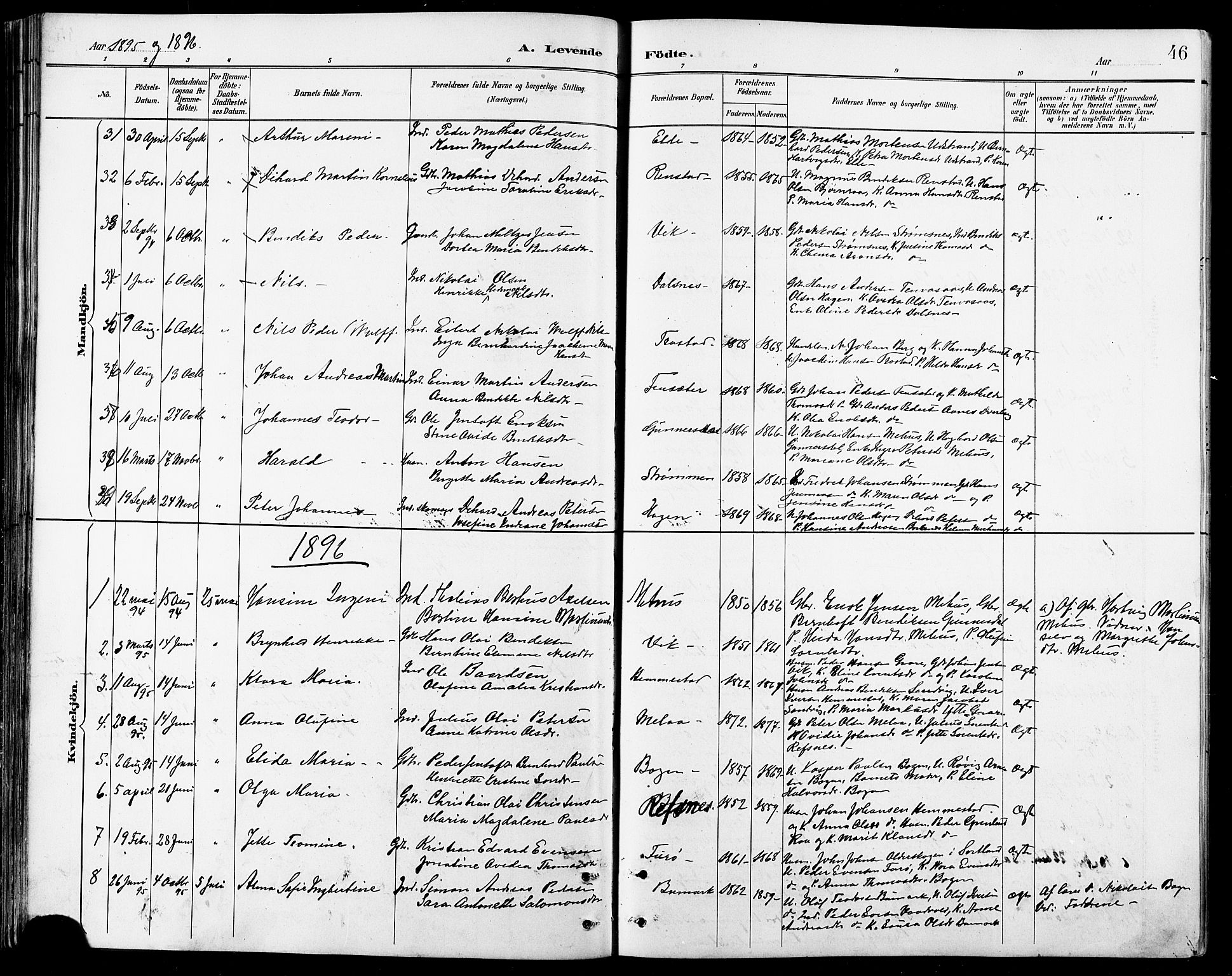 Kvæfjord sokneprestkontor, AV/SATØ-S-1323/G/Ga/Gab/L0005klokker: Klokkerbok nr. 5, 1886-1911, s. 46