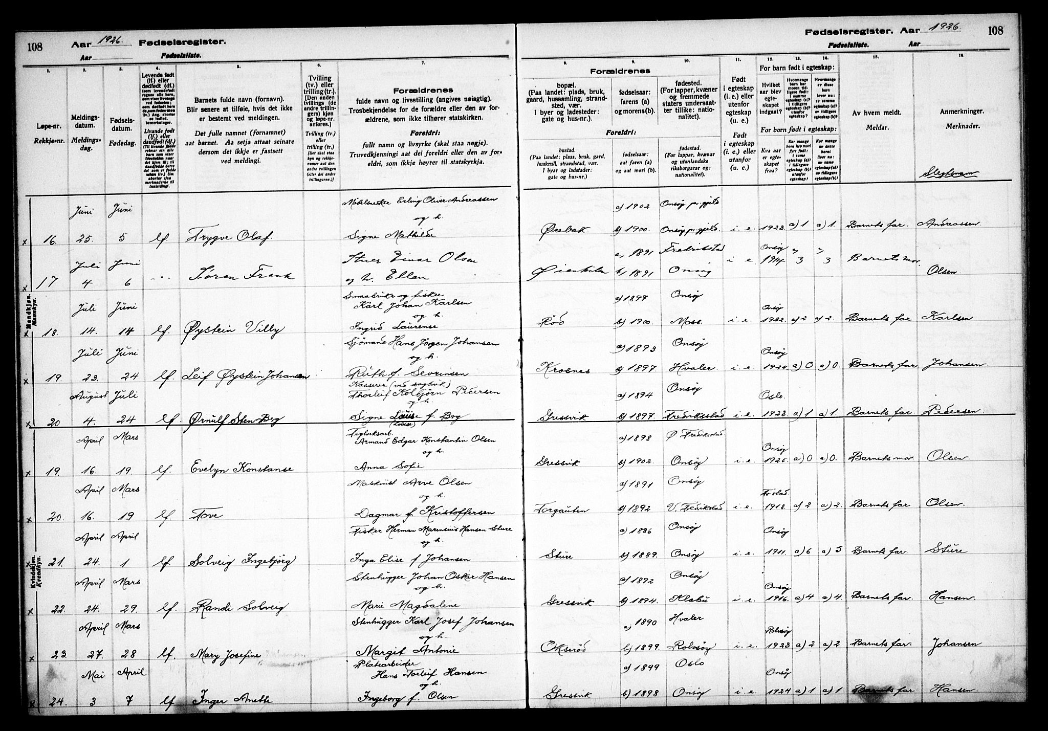 Onsøy prestekontor Kirkebøker, AV/SAO-A-10914/J/Jb/L0001: Fødselsregister nr. II 1, 1916-1938, s. 108