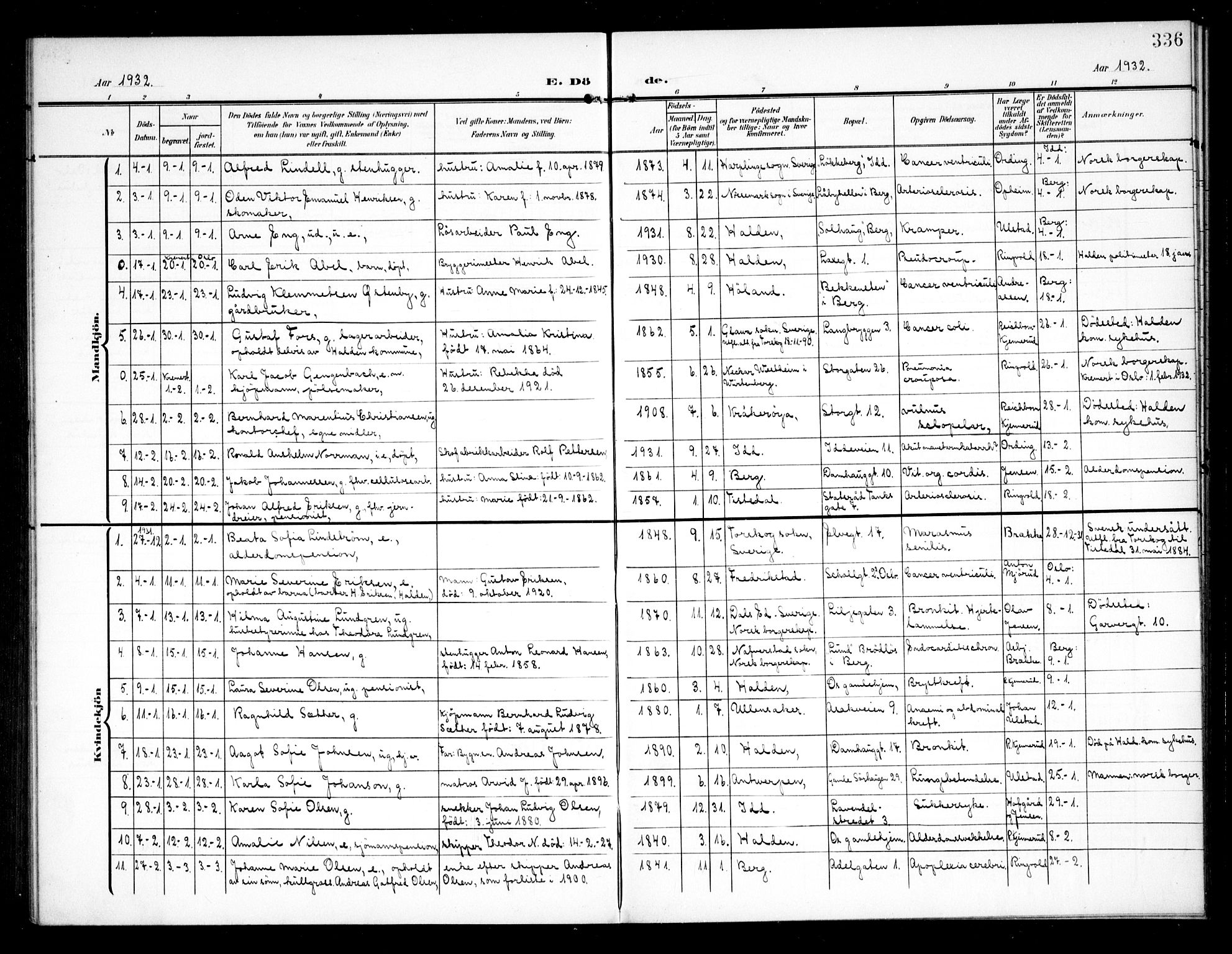 Halden prestekontor Kirkebøker, SAO/A-10909/G/Ga/L0011: Klokkerbok nr. 11, 1906-1934, s. 336