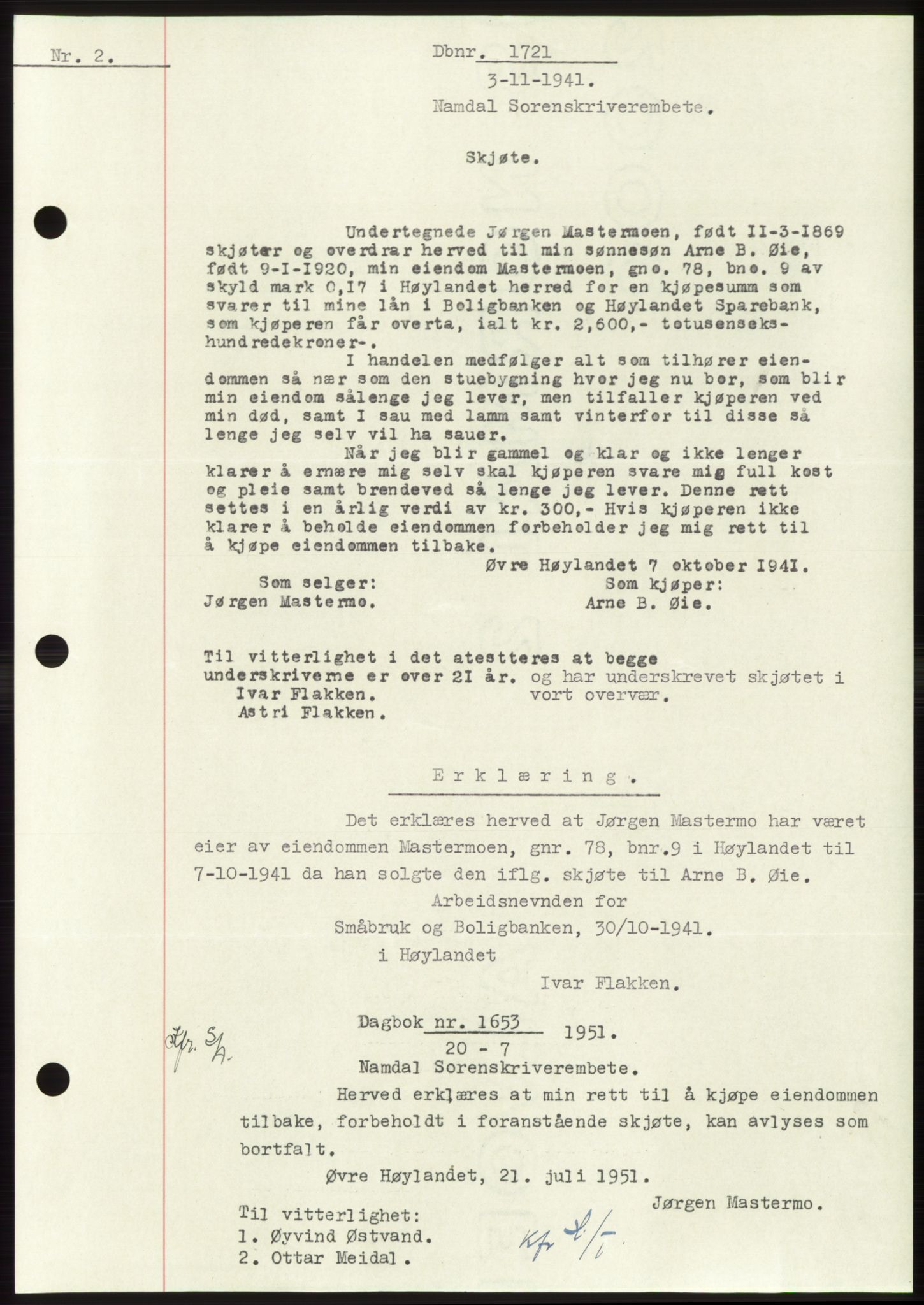 Namdal sorenskriveri, SAT/A-4133/1/2/2C: Pantebok nr. -, 1941-1942, Dagboknr: 1721/1941