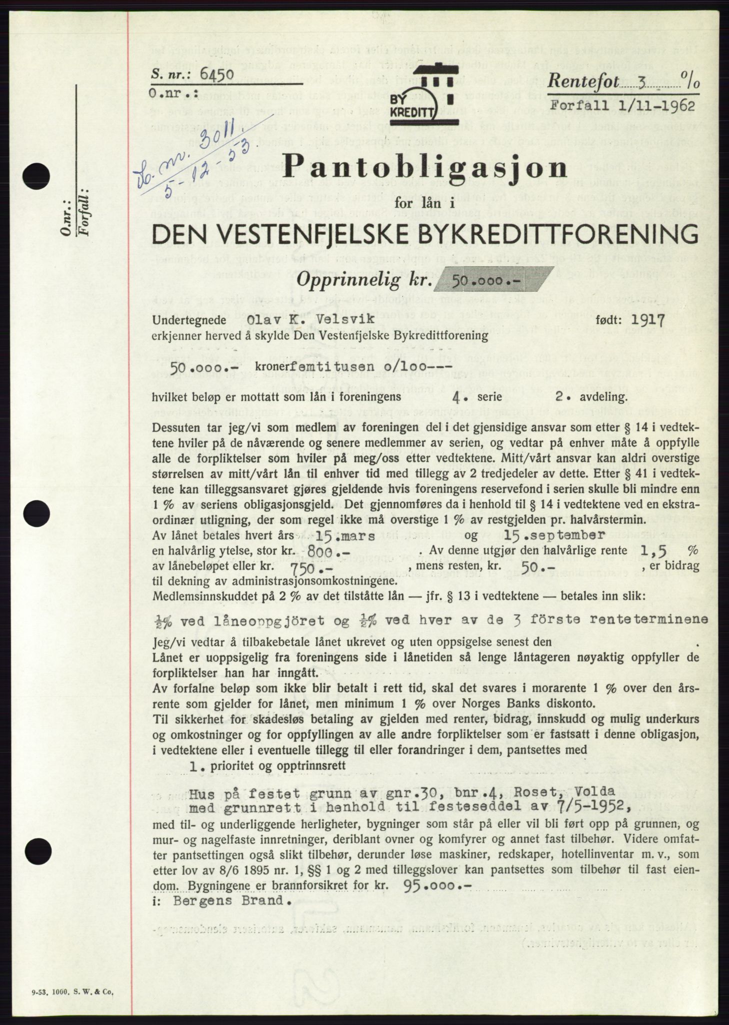 Søre Sunnmøre sorenskriveri, SAT/A-4122/1/2/2C/L0124: Pantebok nr. 12B, 1953-1954, Dagboknr: 3011/1953
