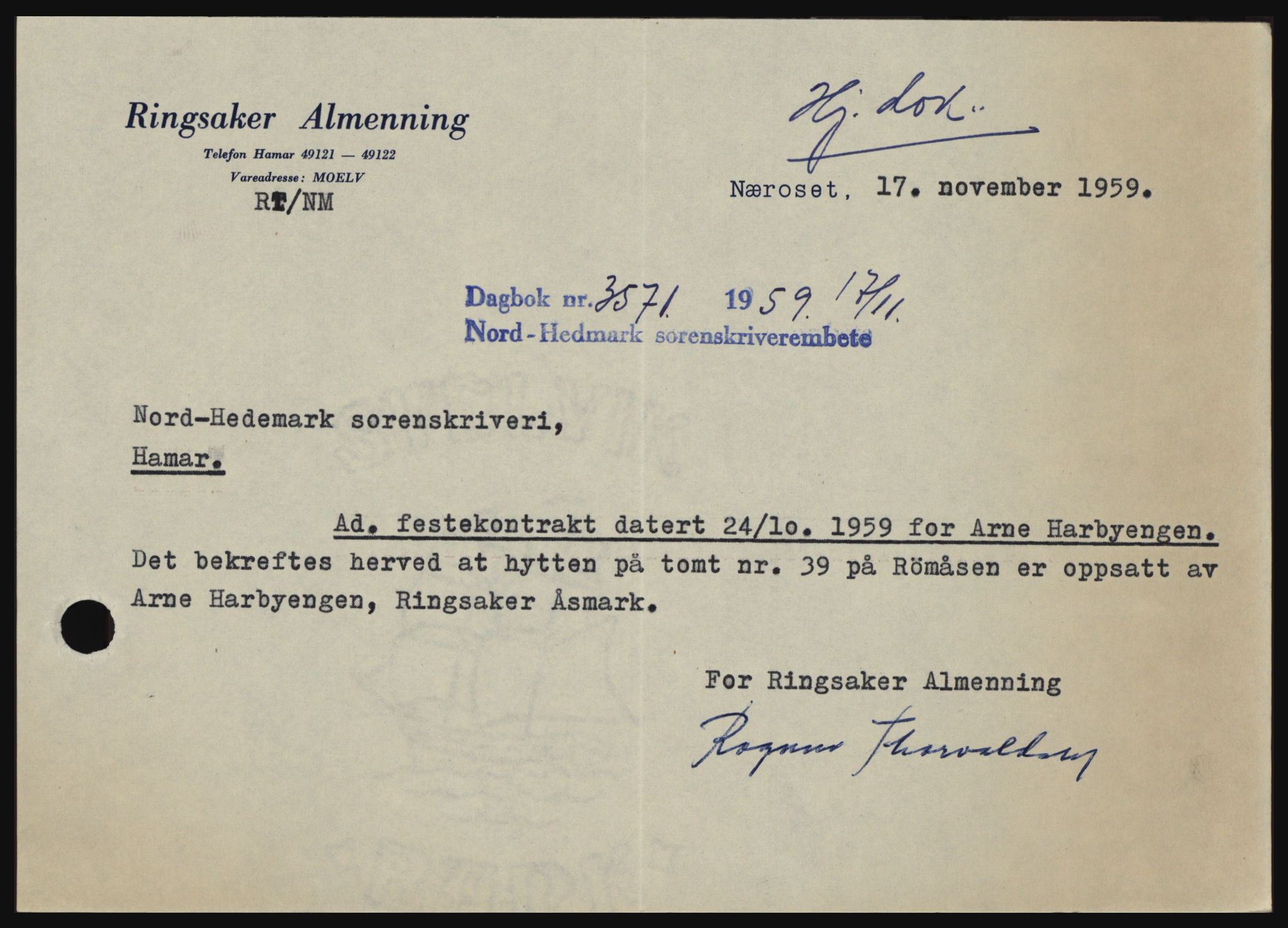 Nord-Hedmark sorenskriveri, SAH/TING-012/H/Hc/L0013: Pantebok nr. 13, 1959-1960, Dagboknr: 3571/1959