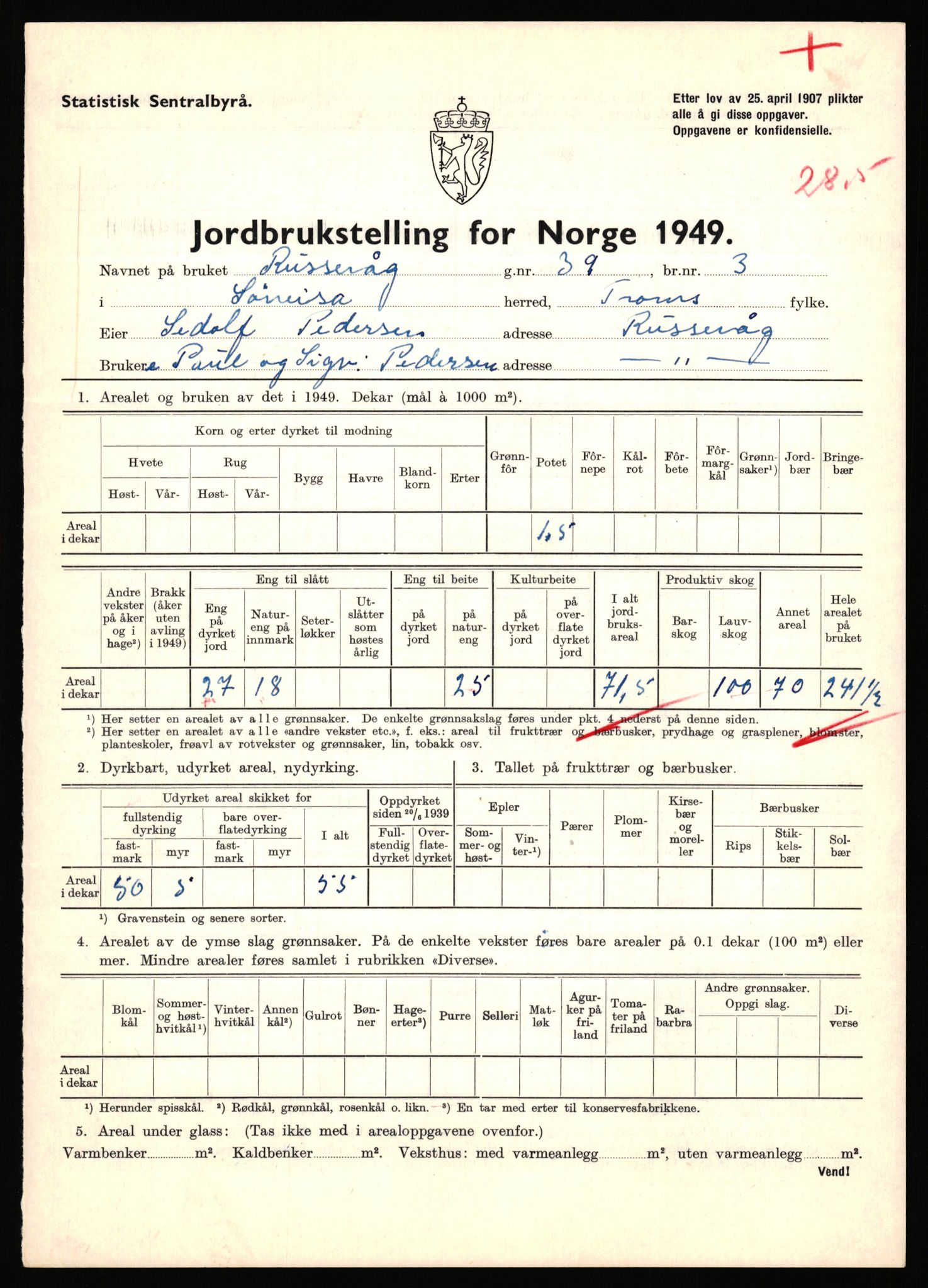 Statistisk sentralbyrå, Næringsøkonomiske emner, Jordbruk, skogbruk, jakt, fiske og fangst, AV/RA-S-2234/G/Gc/L0440: Troms: Sørreisa og Dyrøy, 1949, s. 668