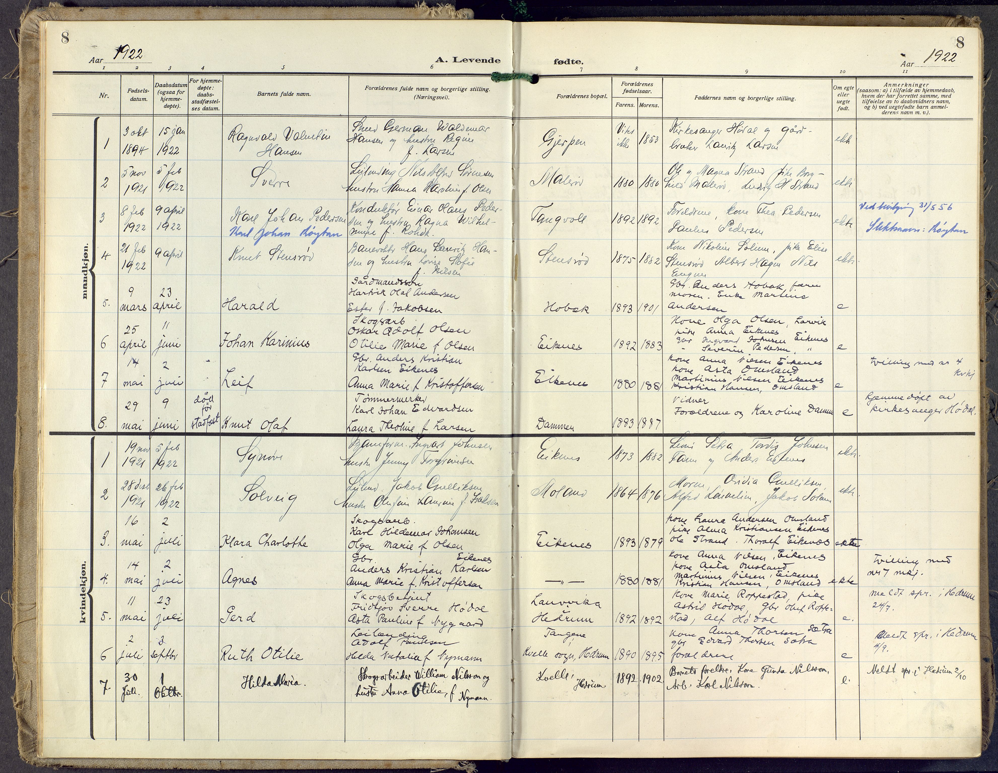 Brunlanes kirkebøker, SAKO/A-342/F/Fd/L0002: Ministerialbok nr. IV 2, 1918-1958, s. 8