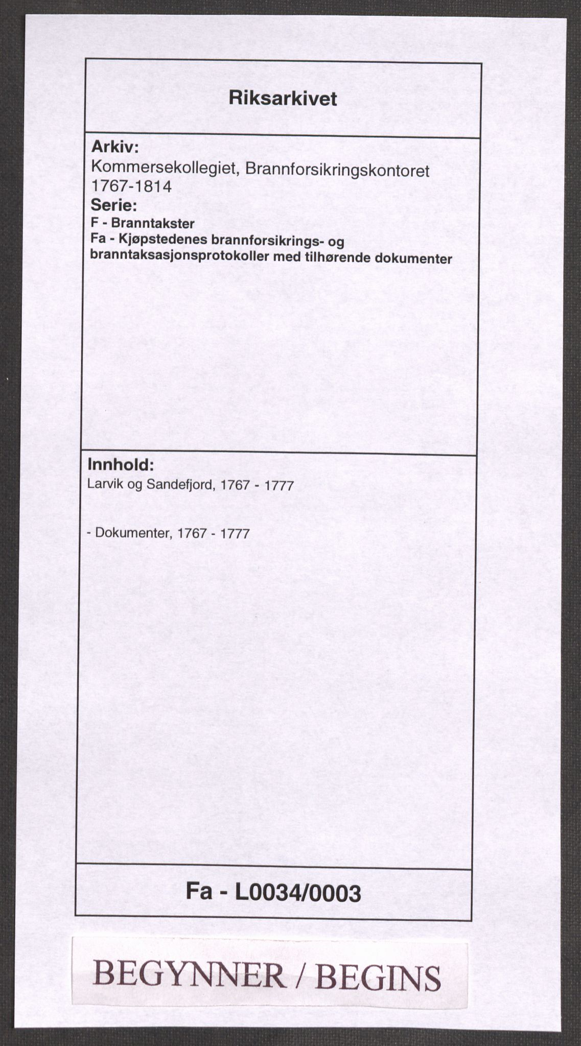 Kommersekollegiet, Brannforsikringskontoret 1767-1814, RA/EA-5458/F/Fa/L0034/0003: Larvik og Sandefjord / Dokumenter, 1767-1777