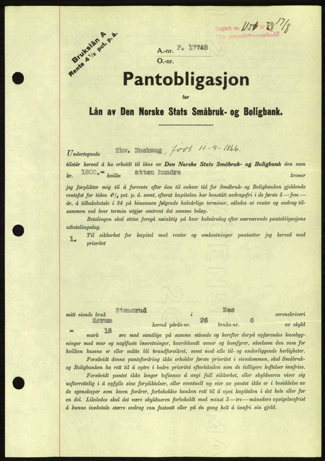 Nes tingrett, AV/SAO-A-10548/G/Gb/Gbb/L0006: Pantebok nr. 50, 1938-1938, Dagboknr: 1151/1938