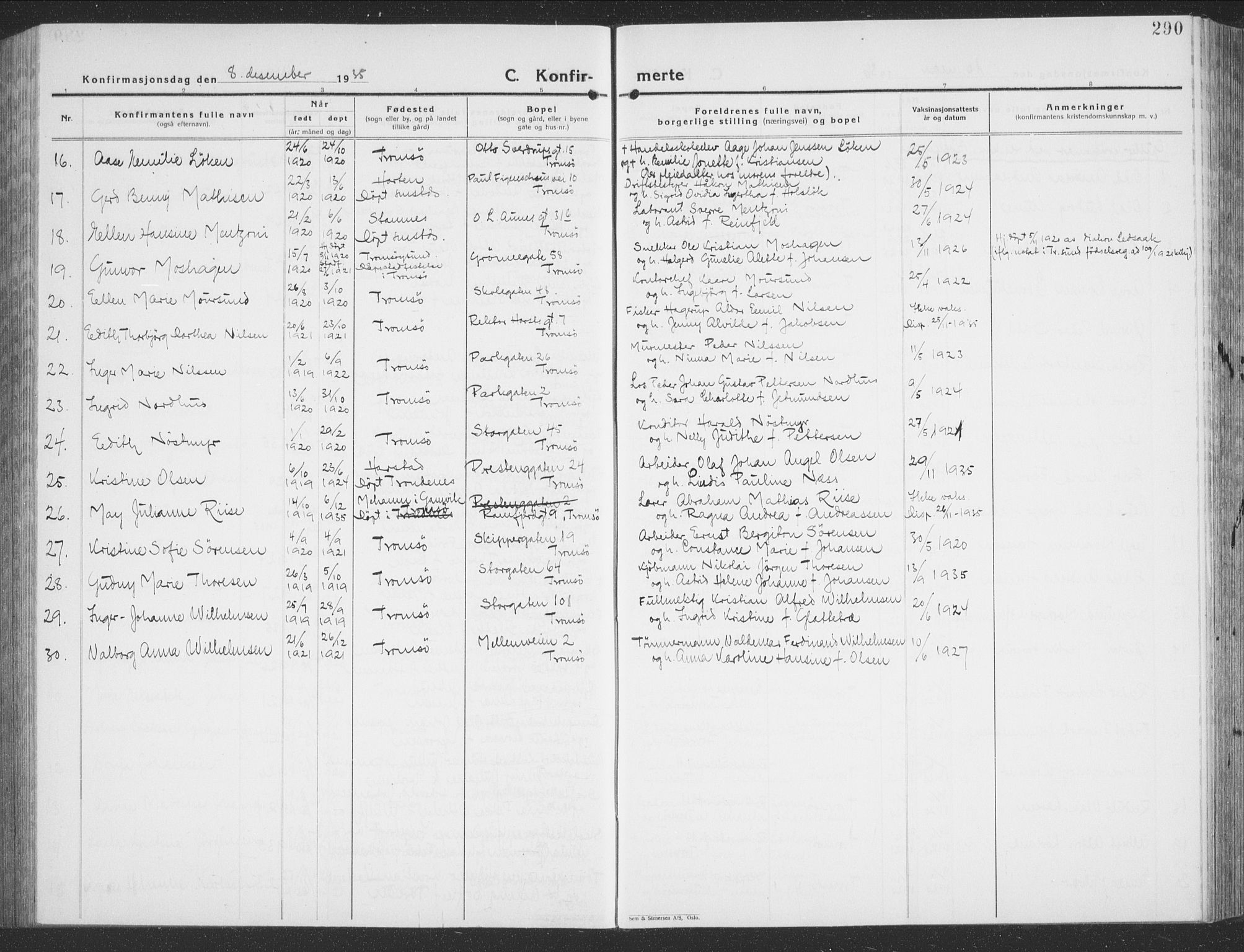 Tromsø sokneprestkontor/stiftsprosti/domprosti, AV/SATØ-S-1343/G/Gb/L0010klokker: Klokkerbok nr. 10, 1925-1937, s. 290