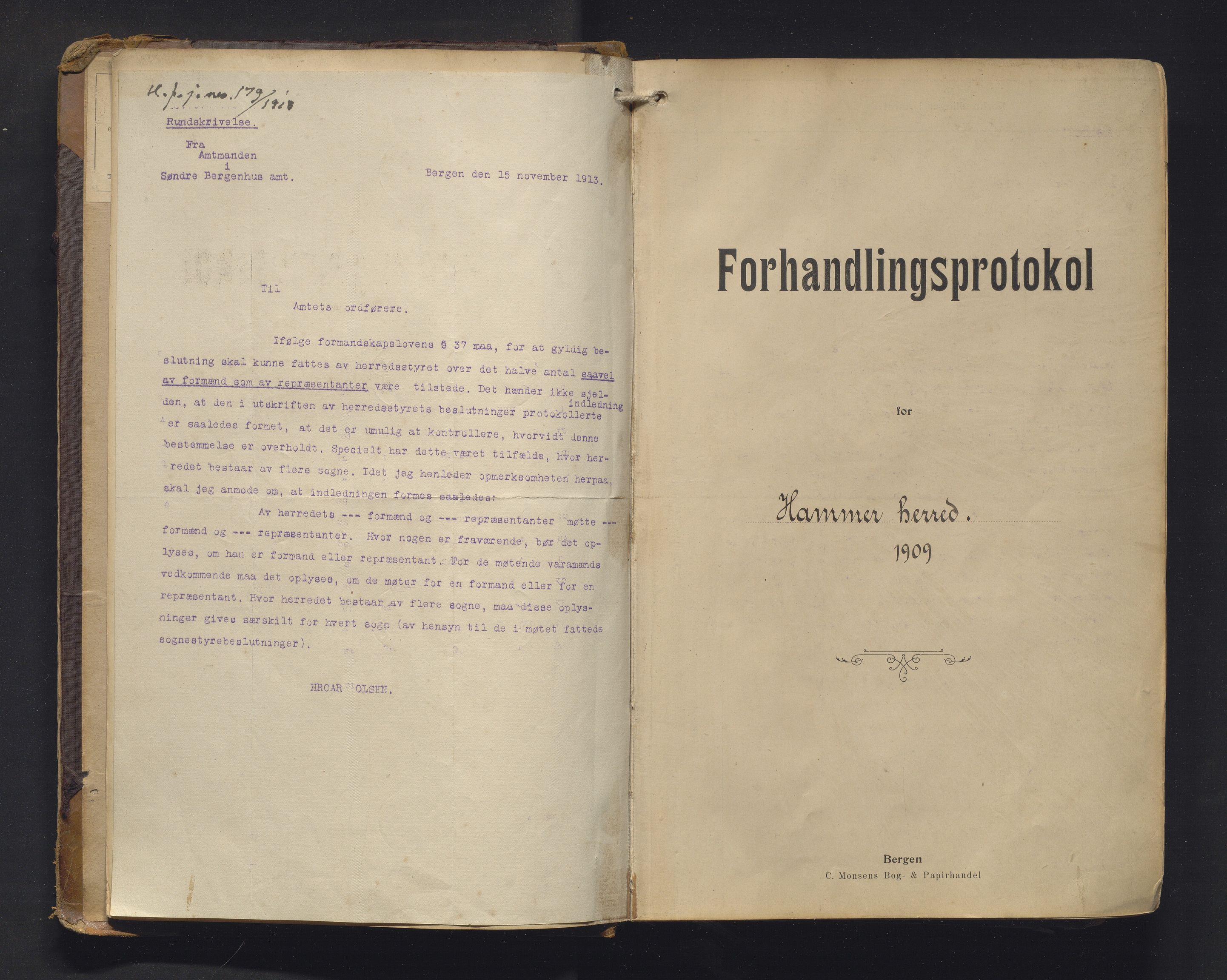 Hamre kommune. Formannskapet, IKAH/1254-021/A/Aa/L0006: Møtebok for formannskap og heradsstyre, 1909-1918