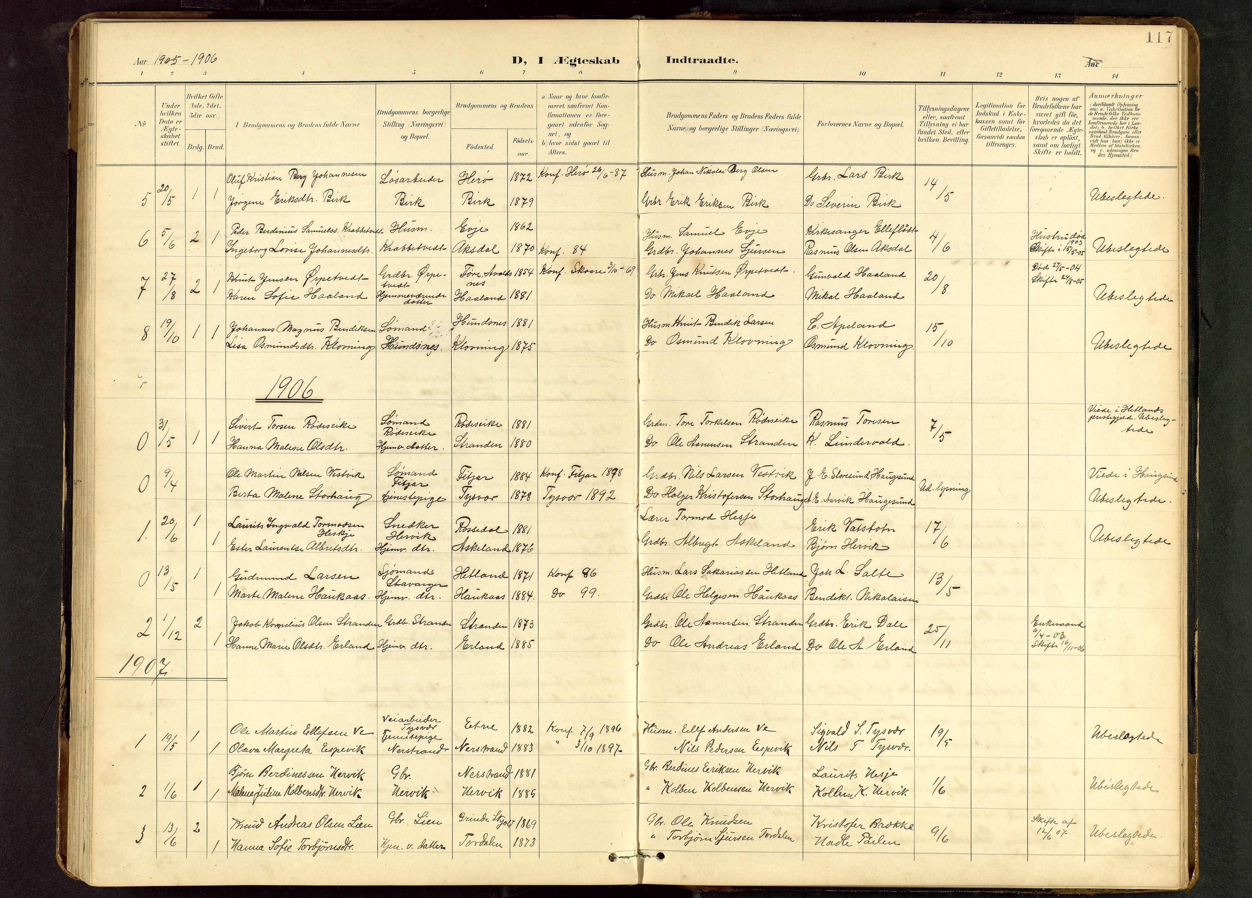 Tysvær sokneprestkontor, AV/SAST-A -101864/H/Ha/Hab/L0010: Klokkerbok nr. B 10, 1897-1912, s. 117