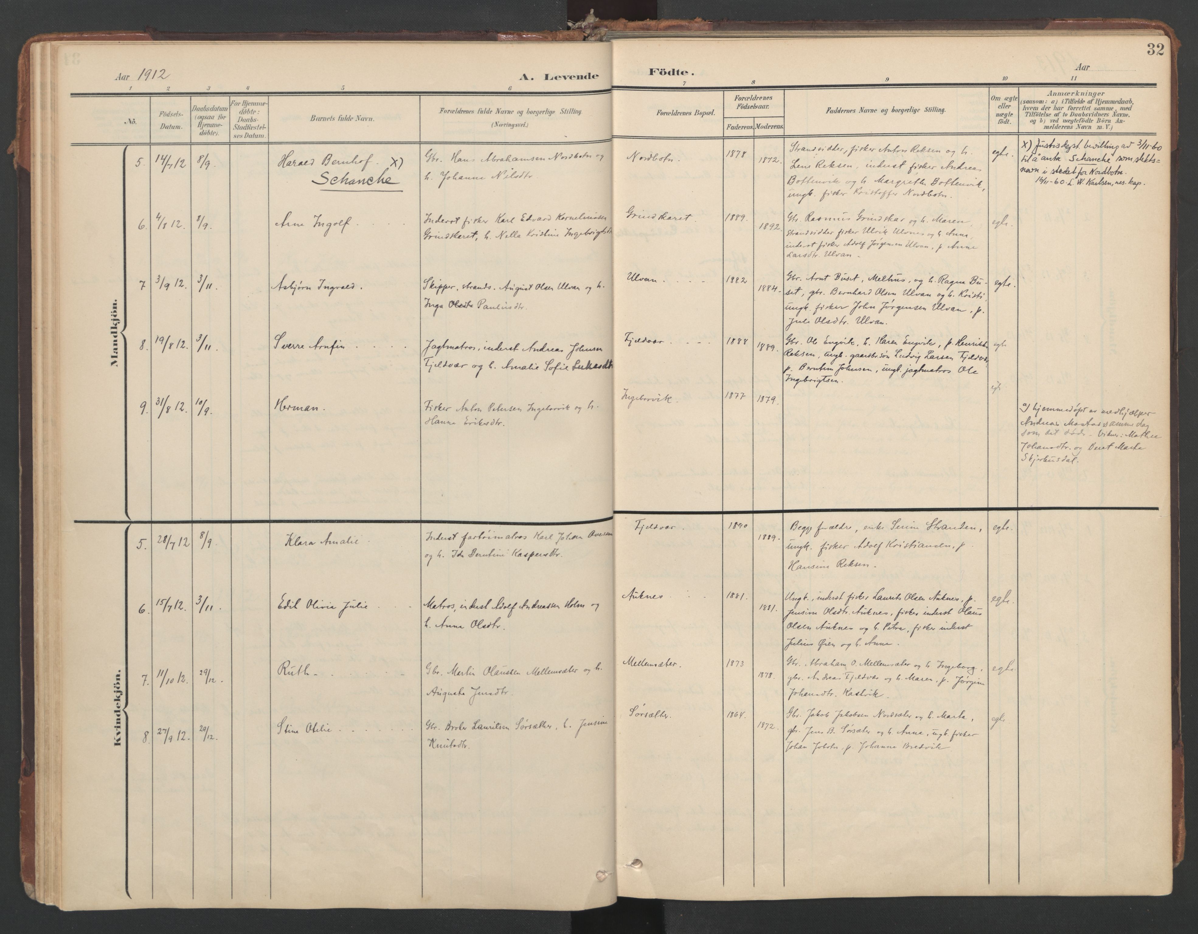 Ministerialprotokoller, klokkerbøker og fødselsregistre - Sør-Trøndelag, AV/SAT-A-1456/638/L0568: Ministerialbok nr. 638A01, 1901-1916, s. 32