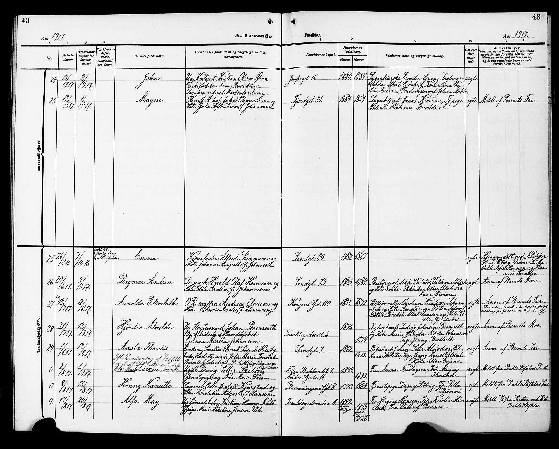 Ministerialprotokoller, klokkerbøker og fødselsregistre - Sør-Trøndelag, AV/SAT-A-1456/602/L0147: Klokkerbok nr. 602C15, 1911-1924, s. 43