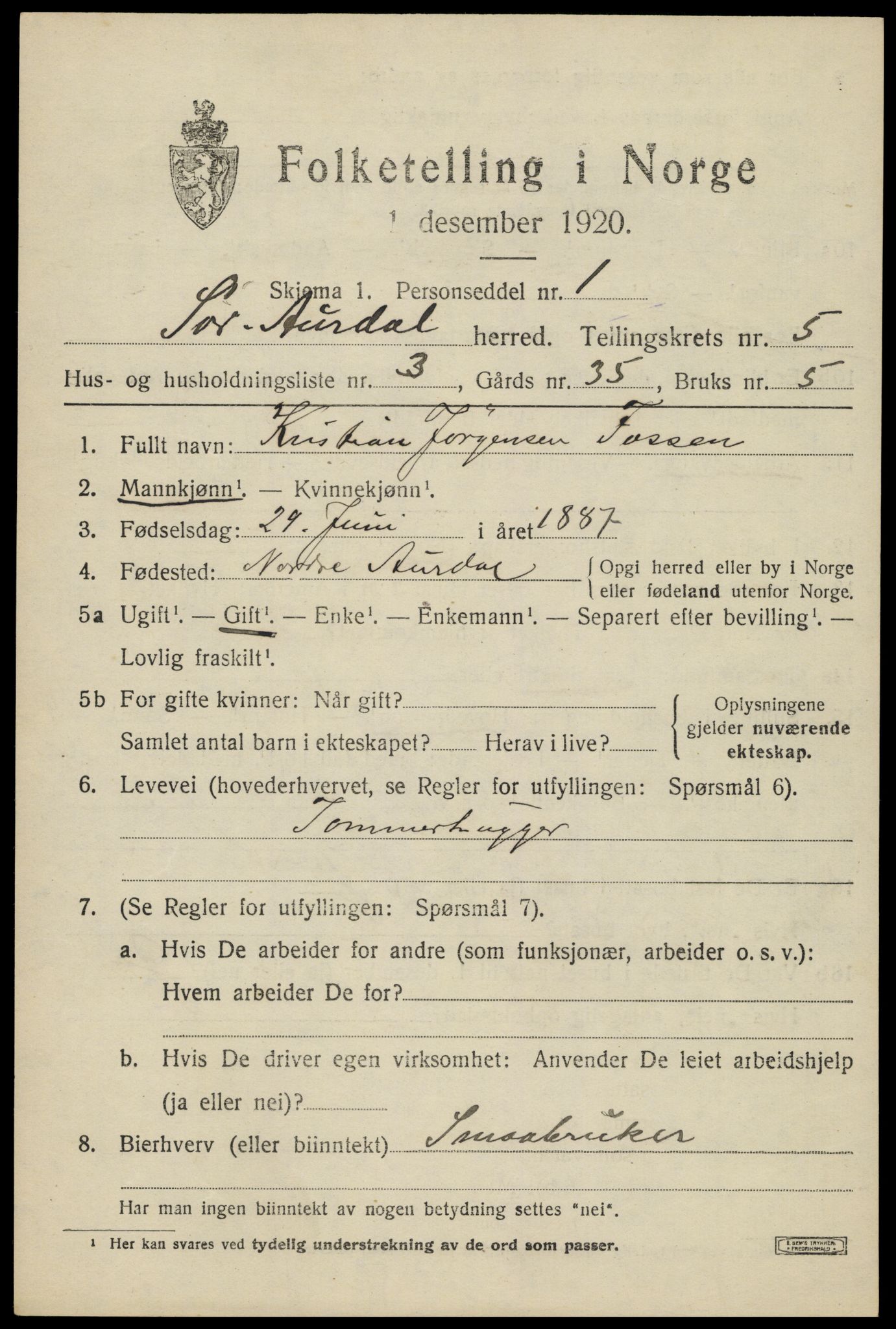 SAH, Folketelling 1920 for 0540 Sør-Aurdal herred, 1920, s. 2763