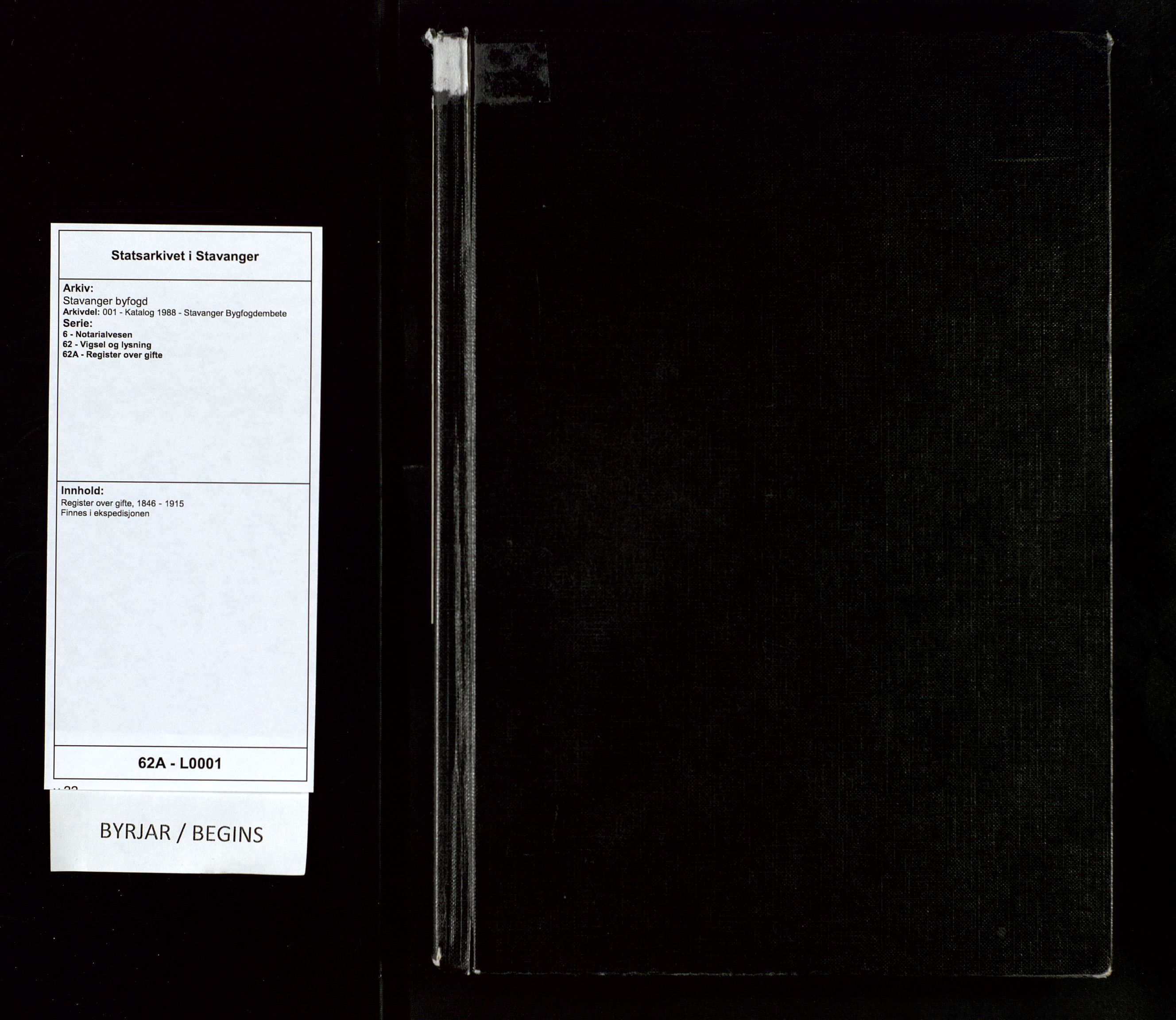 Stavanger byfogd, AV/SAST-A-101408/001/6/62/62A/L0001: Register over gifte, 1832-1920
