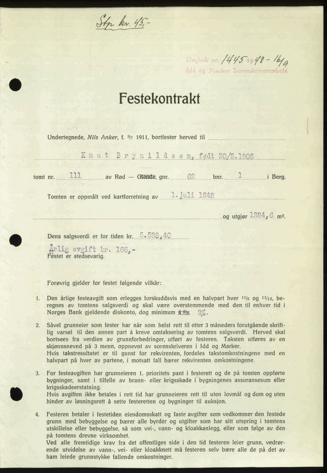 Idd og Marker sorenskriveri, SAO/A-10283/G/Gb/Gbb/L0011: Pantebok nr. A11, 1948-1949, Dagboknr: 1445/1948
