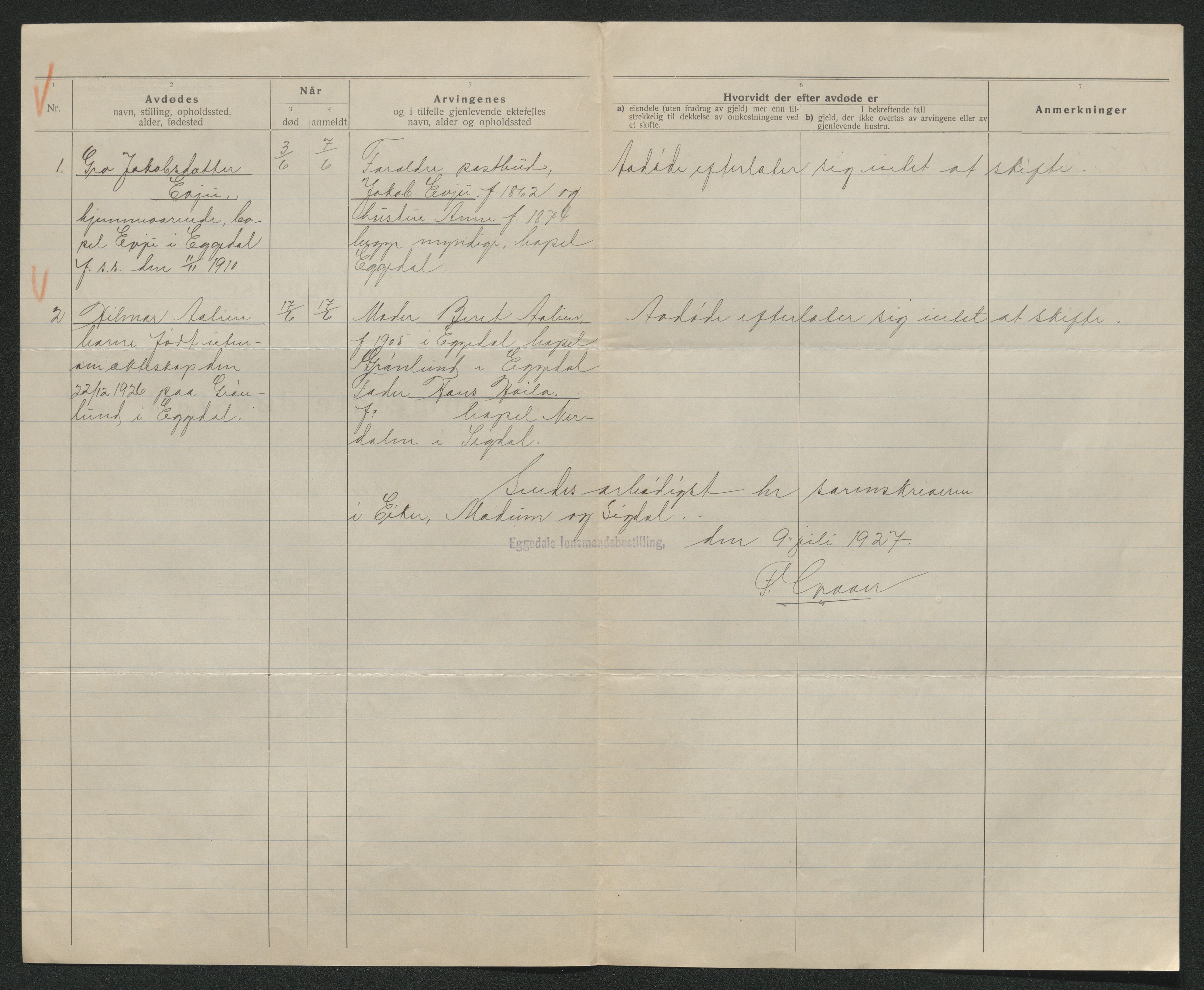 Eiker, Modum og Sigdal sorenskriveri, AV/SAKO-A-123/H/Ha/Hab/L0044: Dødsfallsmeldinger, 1926-1927, s. 837