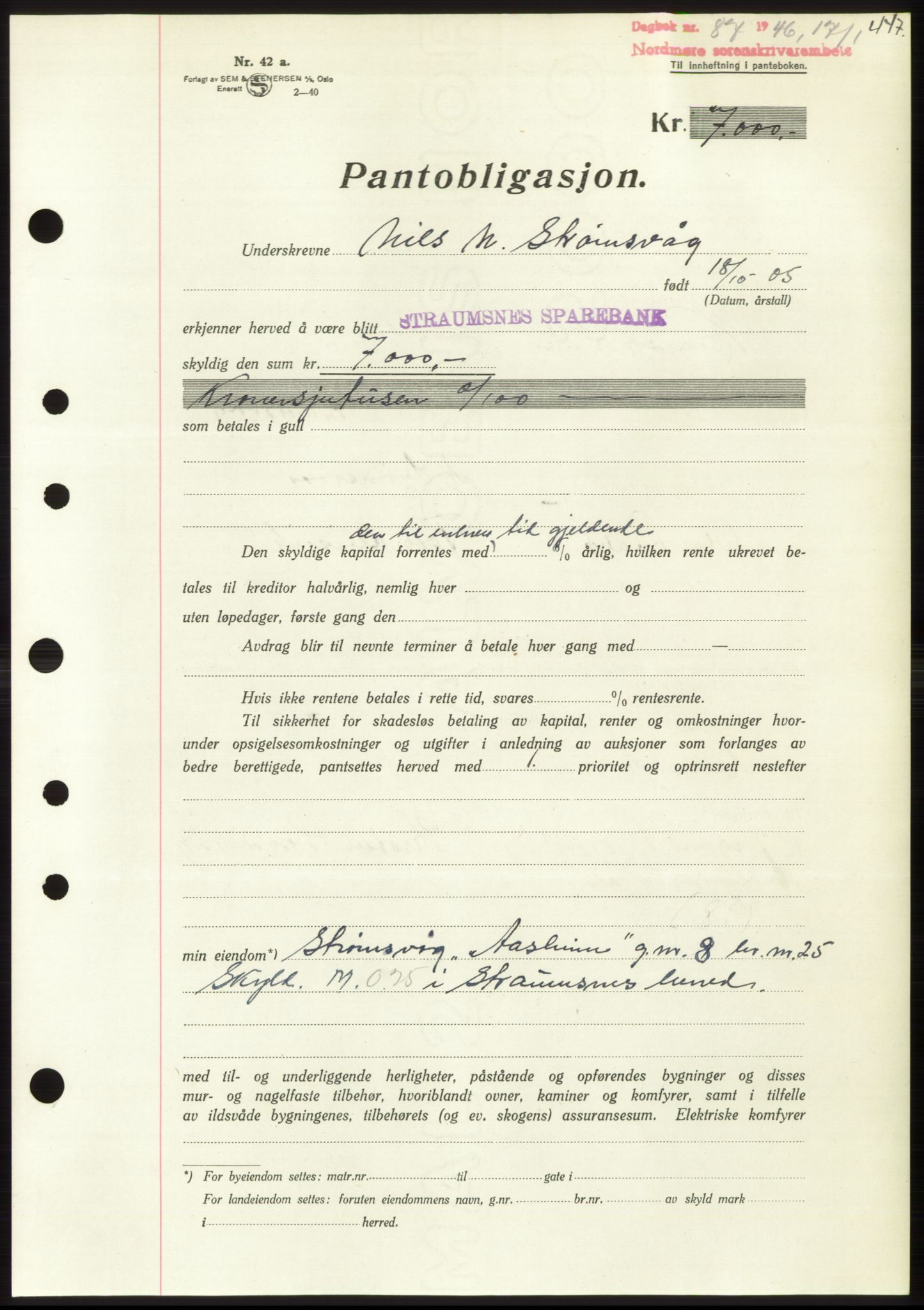 Nordmøre sorenskriveri, SAT/A-4132/1/2/2Ca: Pantebok nr. B93b, 1946-1946, Dagboknr: 87/1946