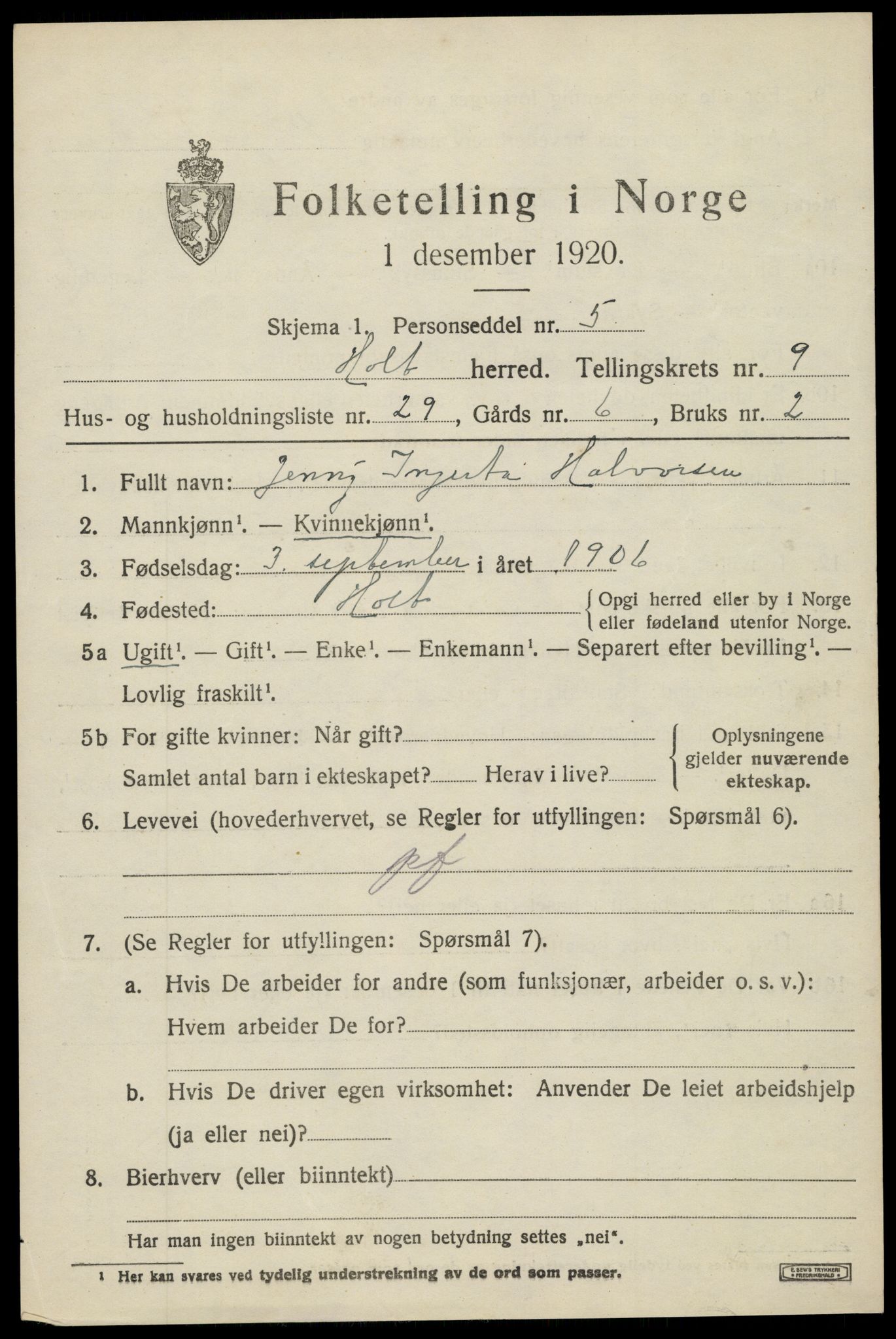 SAK, Folketelling 1920 for 0914 Holt herred, 1920, s. 5422