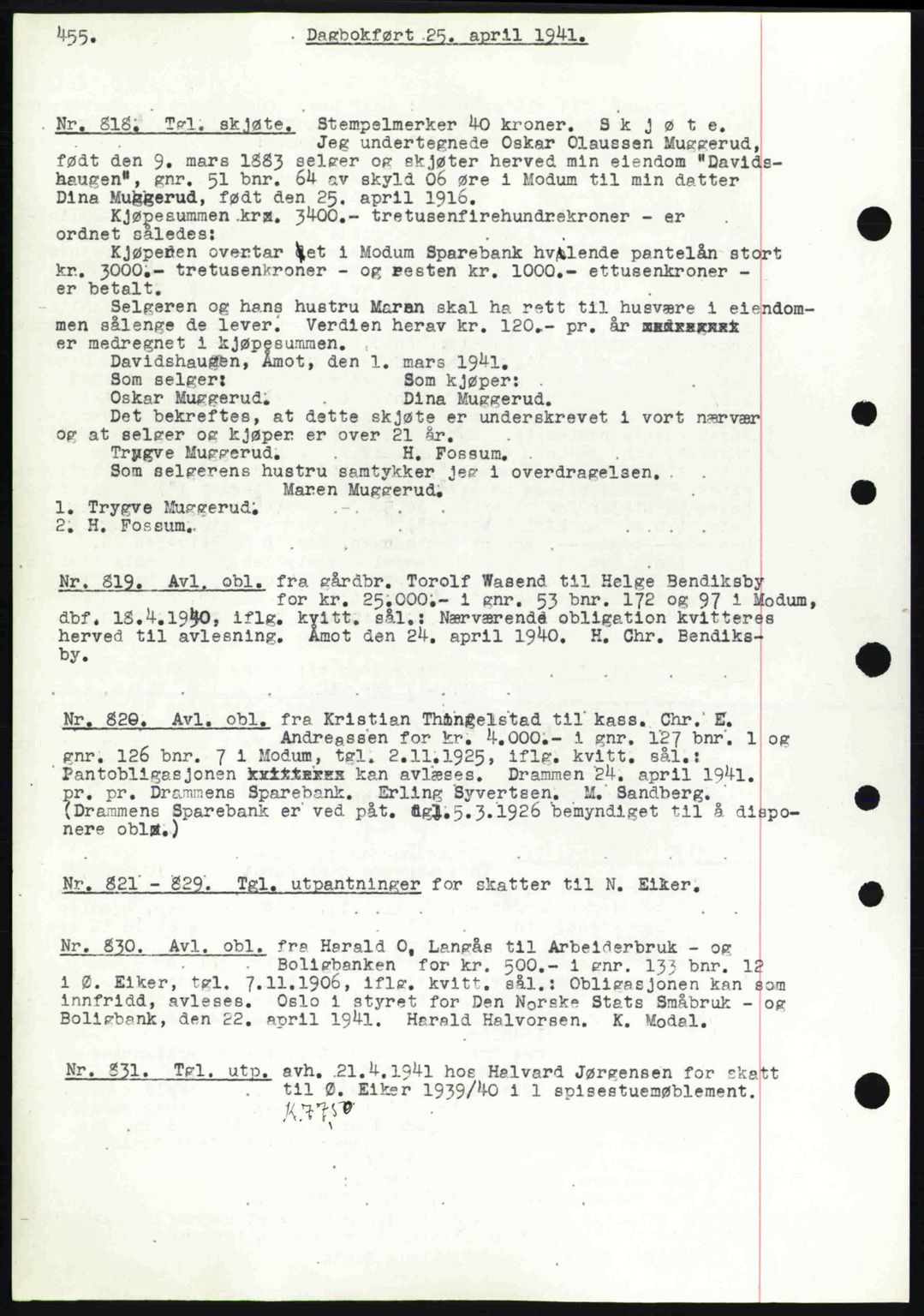 Eiker, Modum og Sigdal sorenskriveri, SAKO/A-123/G/Ga/Gab/L0043: Pantebok nr. A13, 1940-1941, Dagboknr: 818/1941