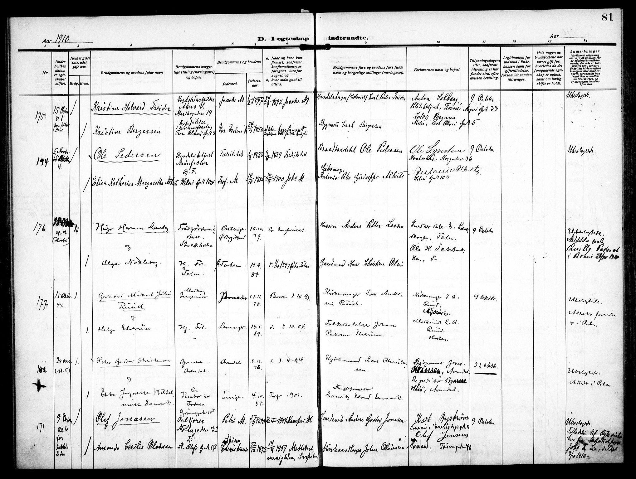 Trefoldighet prestekontor Kirkebøker, AV/SAO-A-10882/F/Fc/L0006: Ministerialbok nr. III 6, 1908-1914, s. 81