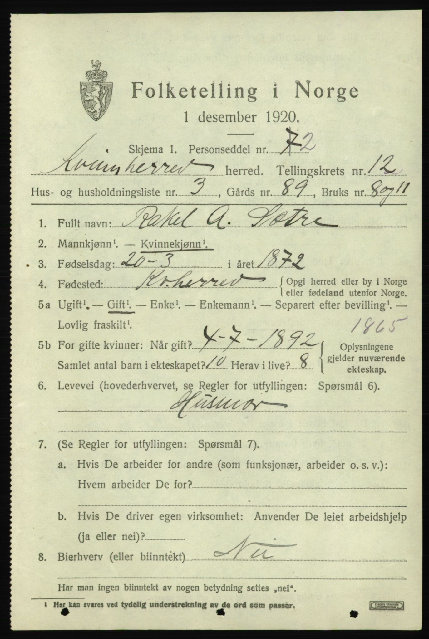 SAB, Folketelling 1920 for 1224 Kvinnherad herred, 1920, s. 7320