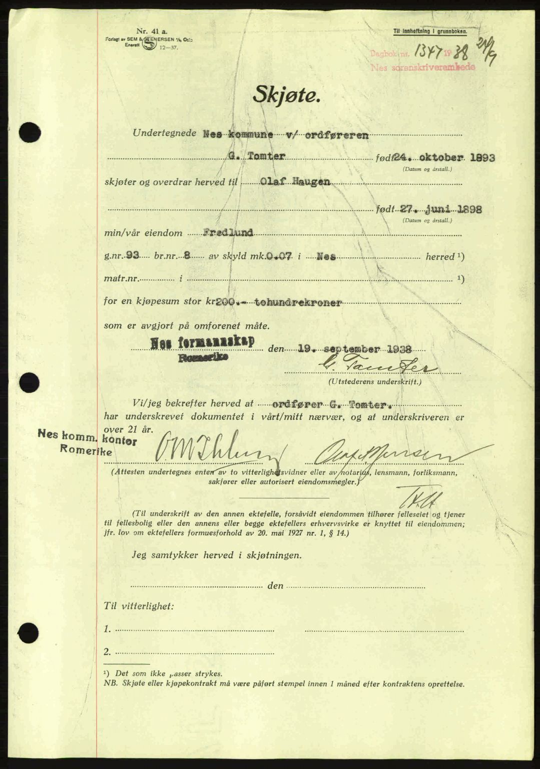 Nes tingrett, SAO/A-10548/G/Gb/Gbb/L0006: Pantebok nr. 50, 1938-1938, Dagboknr: 1347/1938