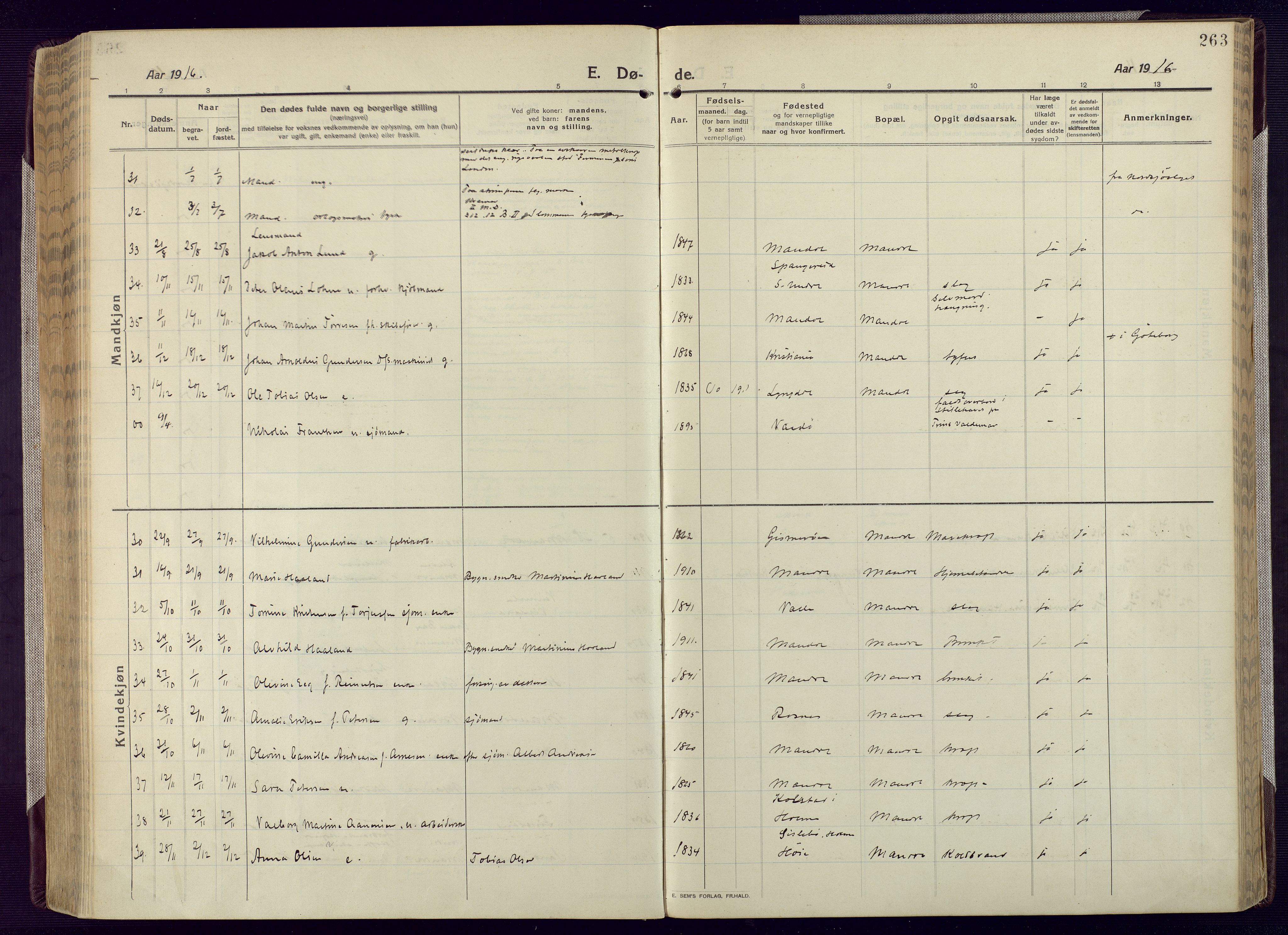 Mandal sokneprestkontor, AV/SAK-1111-0030/F/Fa/Fac/L0001: Ministerialbok nr. A 1, 1913-1925, s. 263