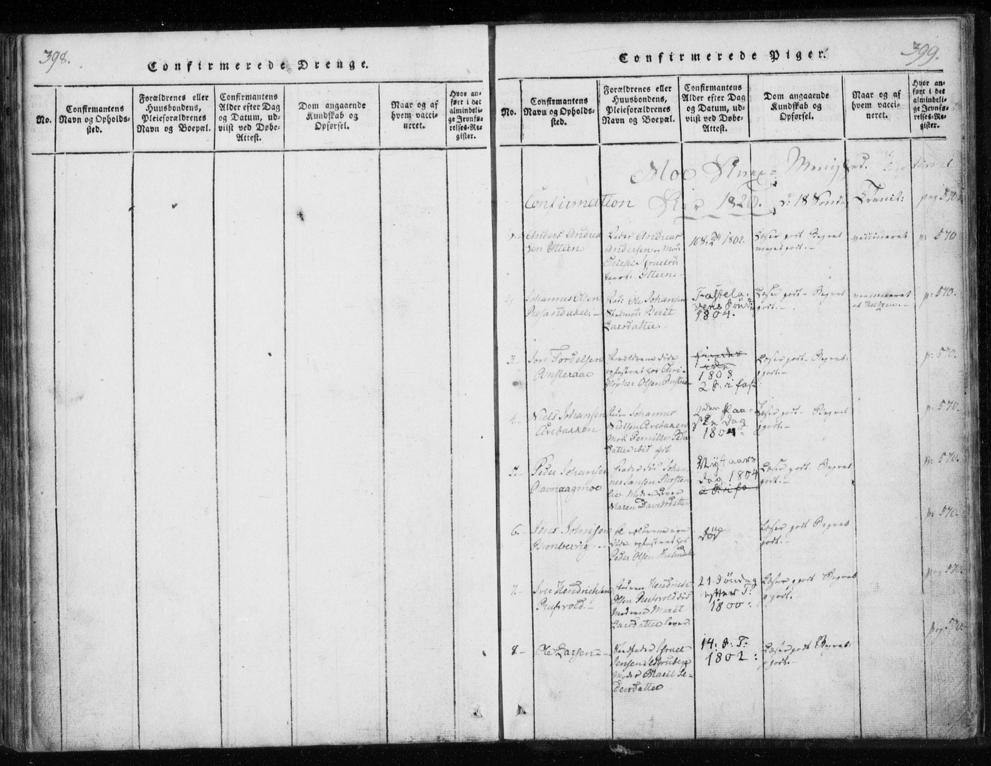 Ministerialprotokoller, klokkerbøker og fødselsregistre - Nordland, AV/SAT-A-1459/825/L0353: Ministerialbok nr. 825A07, 1820-1826, s. 398-399