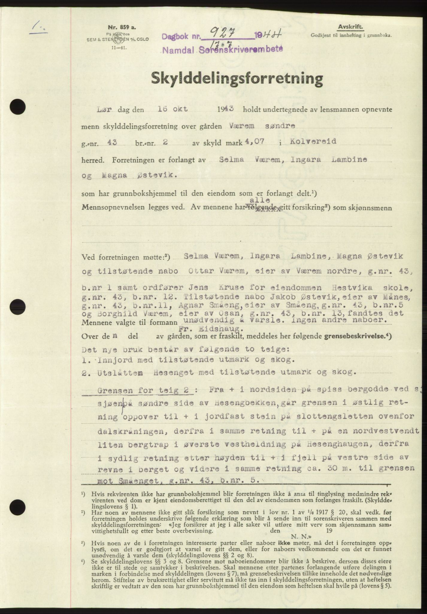 Namdal sorenskriveri, SAT/A-4133/1/2/2C: Pantebok nr. -, 1944-1945, Dagboknr: 927/1944