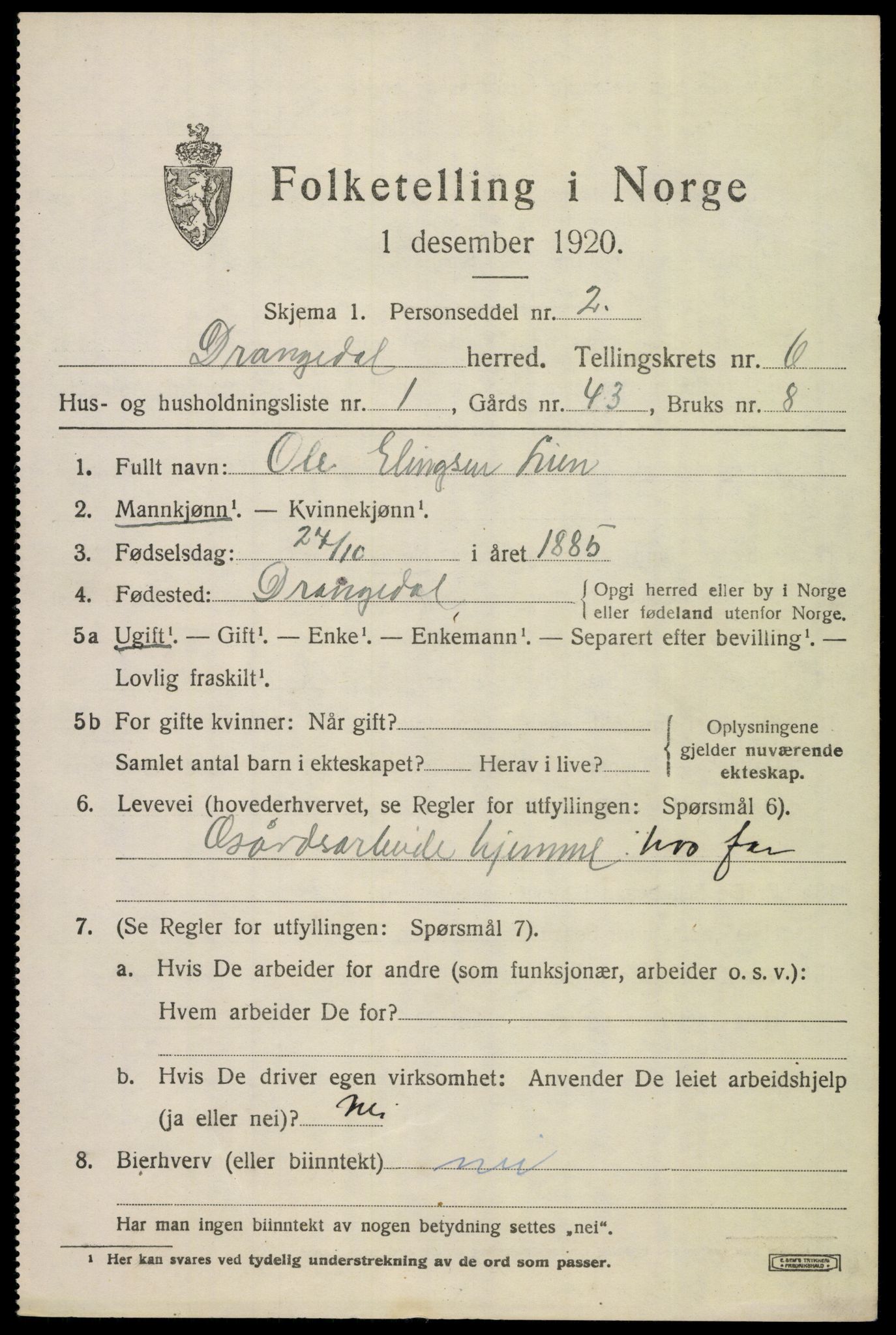 SAKO, Folketelling 1920 for 0817 Drangedal herred, 1920, s. 4231