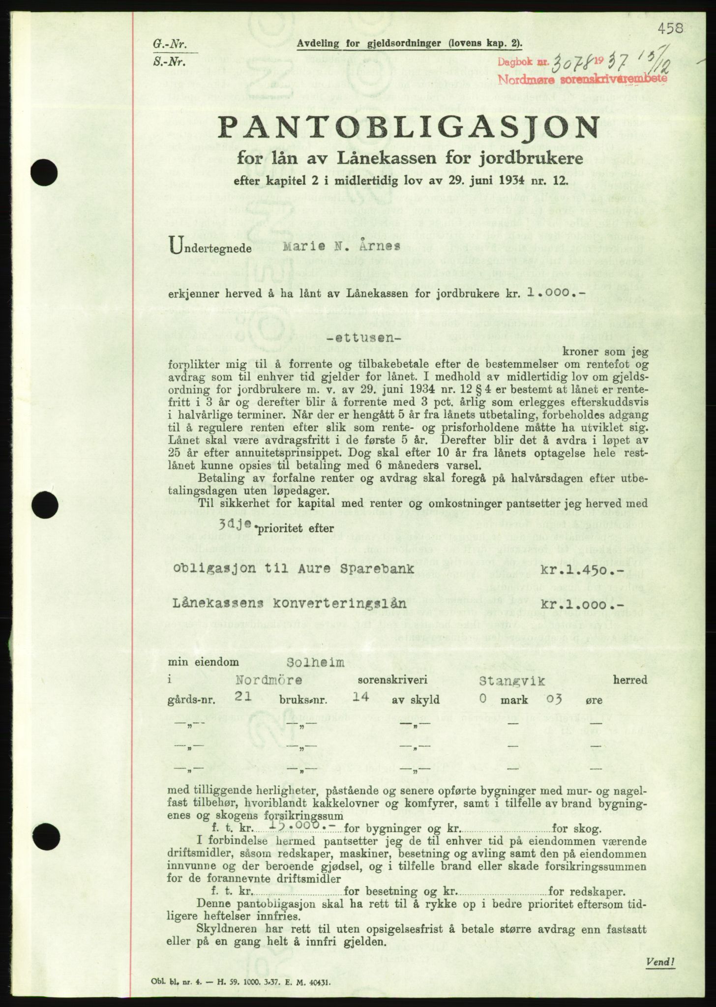 Nordmøre sorenskriveri, AV/SAT-A-4132/1/2/2Ca/L0092: Pantebok nr. B82, 1937-1938, Dagboknr: 3078/1937