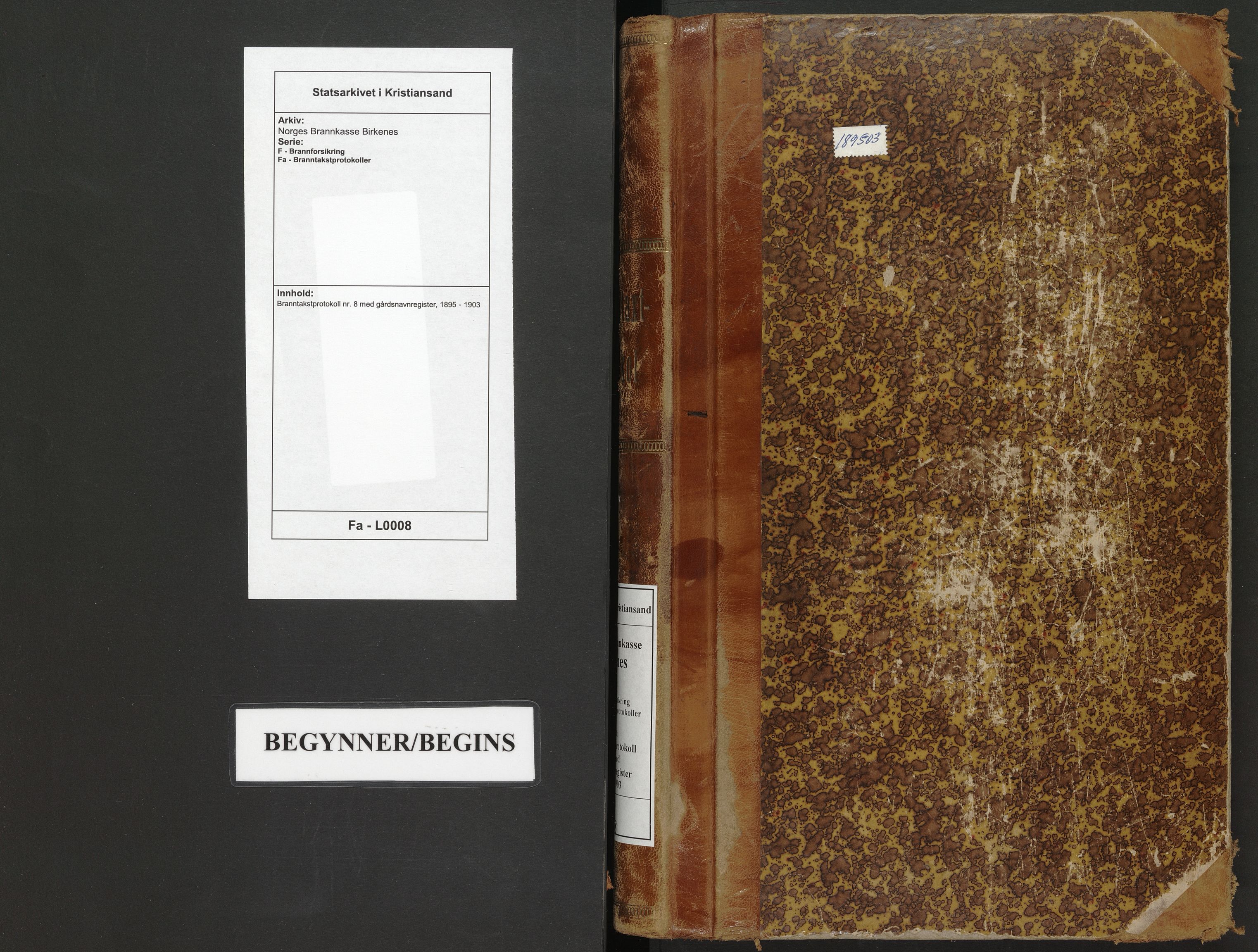 Norges Brannkasse Birkenes, SAK/2241-0005/F/Fa/L0008: Branntakstprotokoll nr. 8 med gårdsnavnregister, 1895-1903