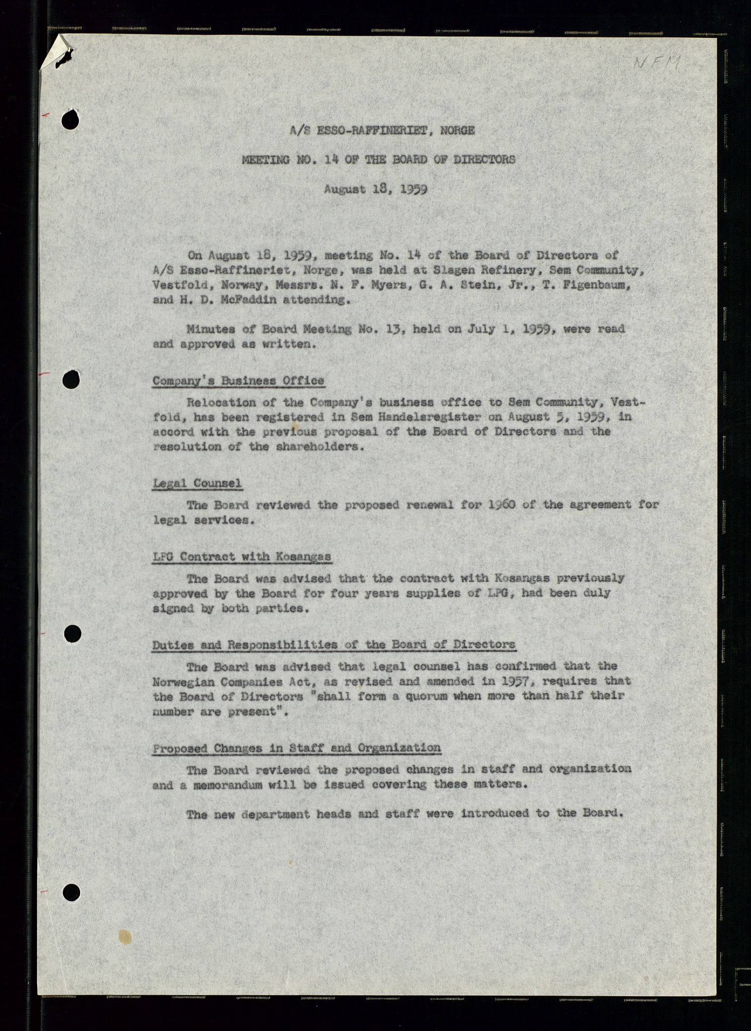 PA 1537 - A/S Essoraffineriet Norge, AV/SAST-A-101957/A/Aa/L0002/0001: Styremøter / Shareholder meetings, Board meeting minutes, 1957-1961, s. 109