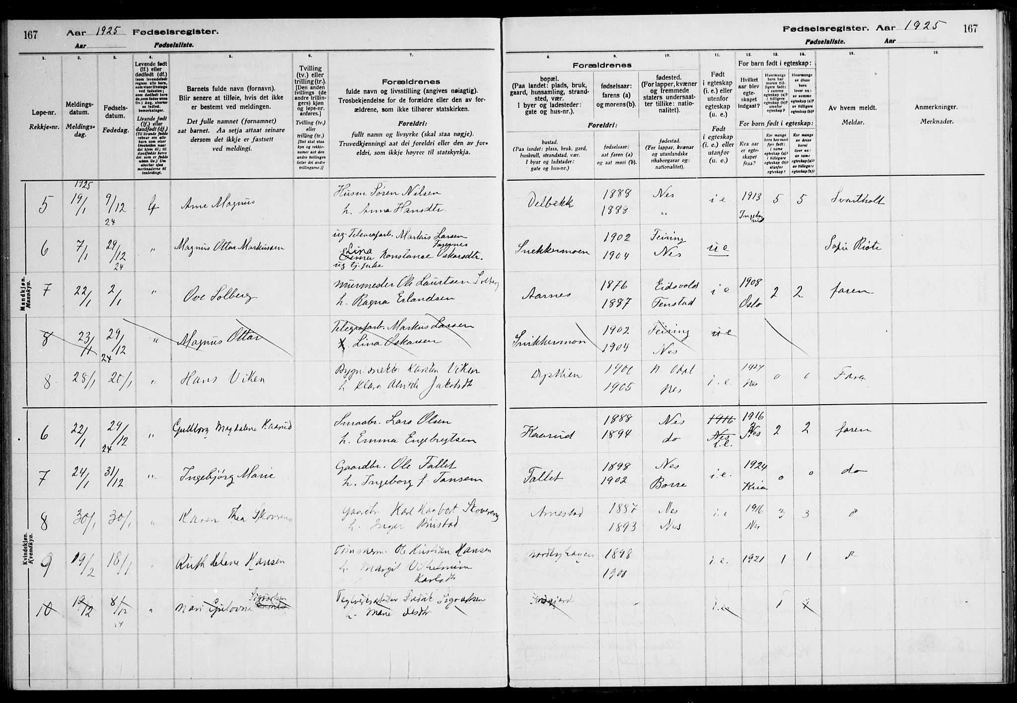 Nes prestekontor Kirkebøker, AV/SAO-A-10410/J/Ja/L0001: Fødselsregister nr. 1, 1916-1926, s. 167