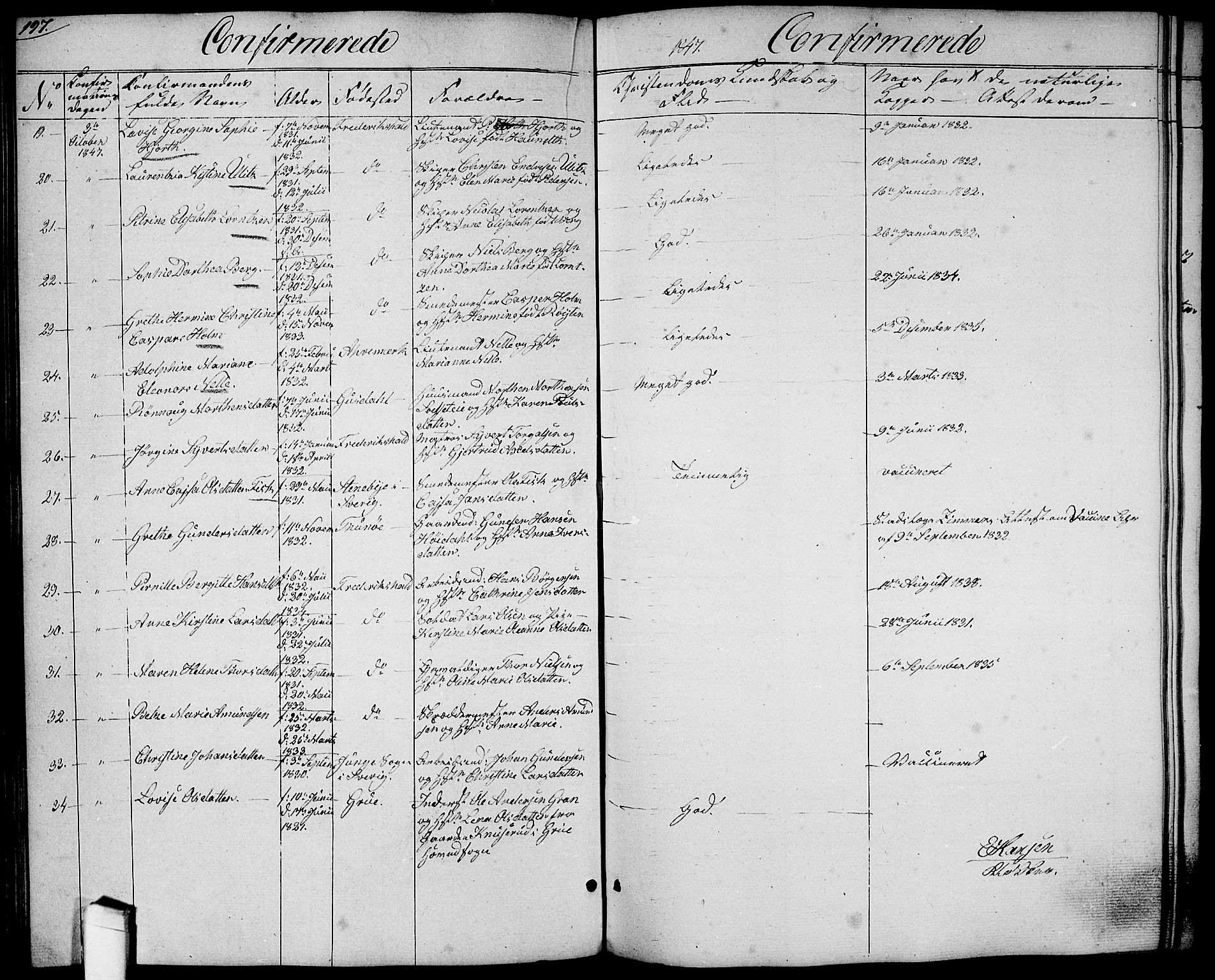 Halden prestekontor Kirkebøker, AV/SAO-A-10909/G/Ga/L0004: Klokkerbok nr. 4, 1845-1854, s. 197