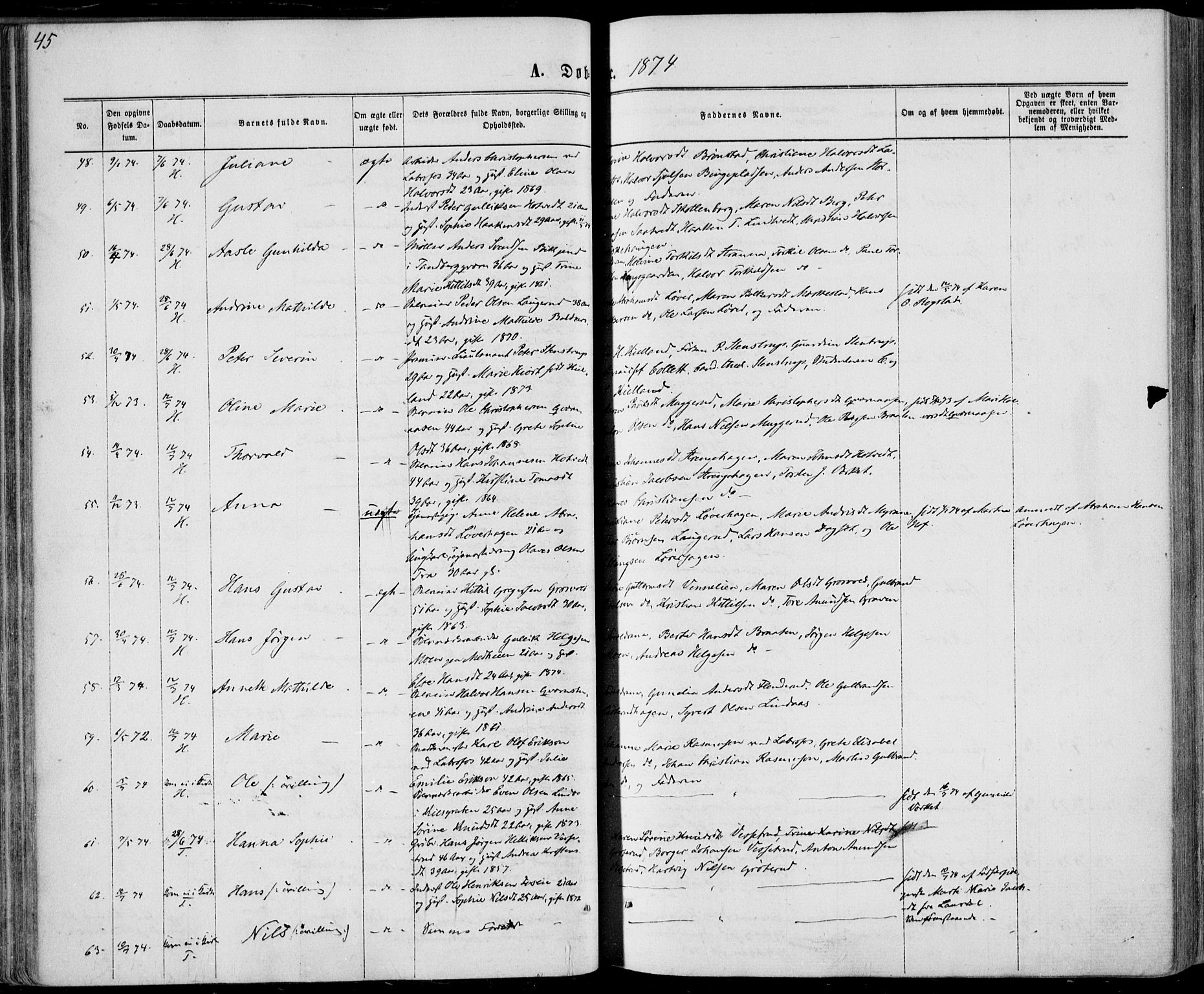 Sandsvær kirkebøker, AV/SAKO-A-244/F/Fa/L0007: Ministerialbok nr. I 7, 1869-1877, s. 45