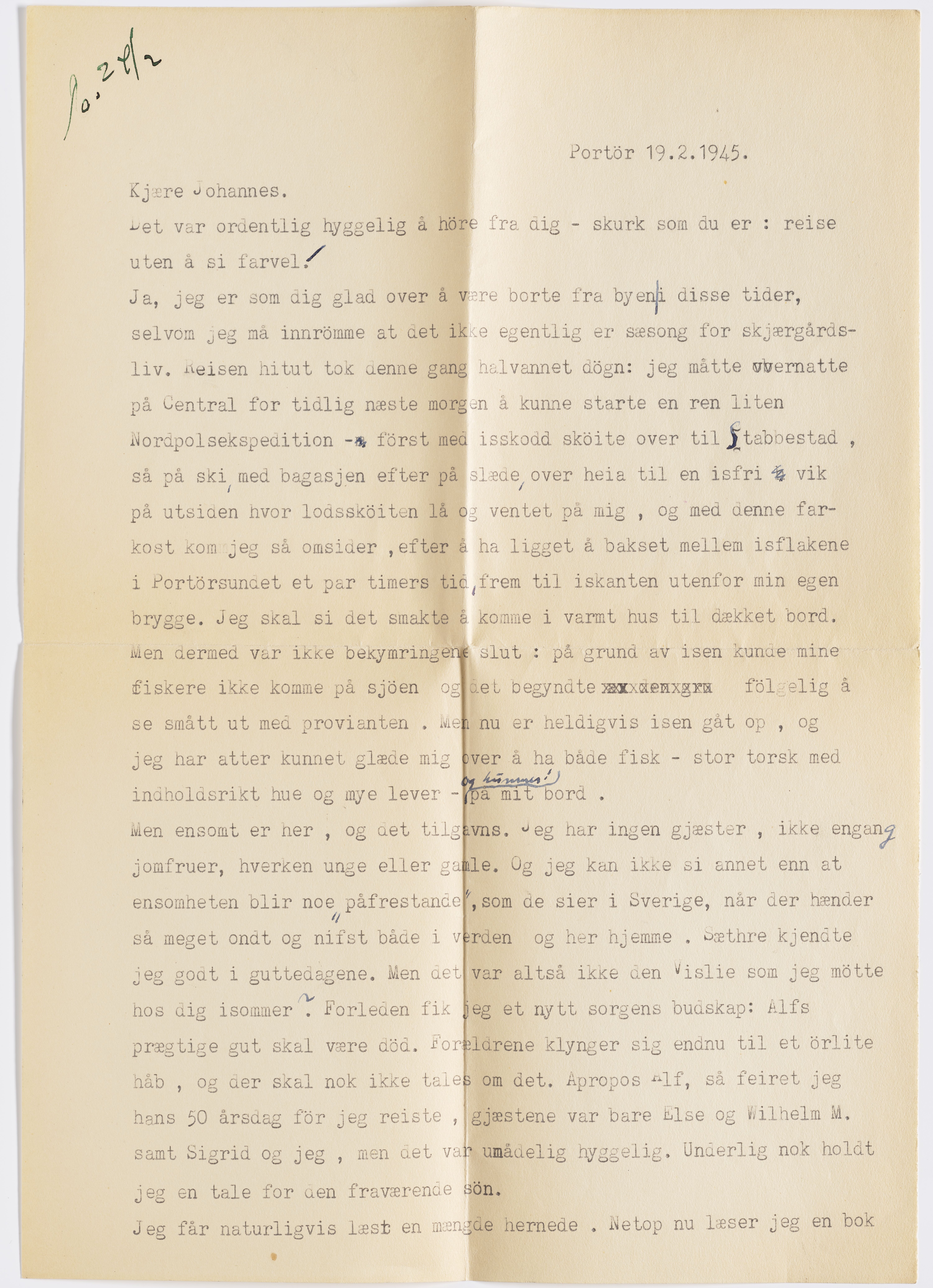Johannes Sejersted Bødtker, AFM/GRI-1001/D/Db/Dbb/L0003/0006: Inngående brev / Brev, 1945