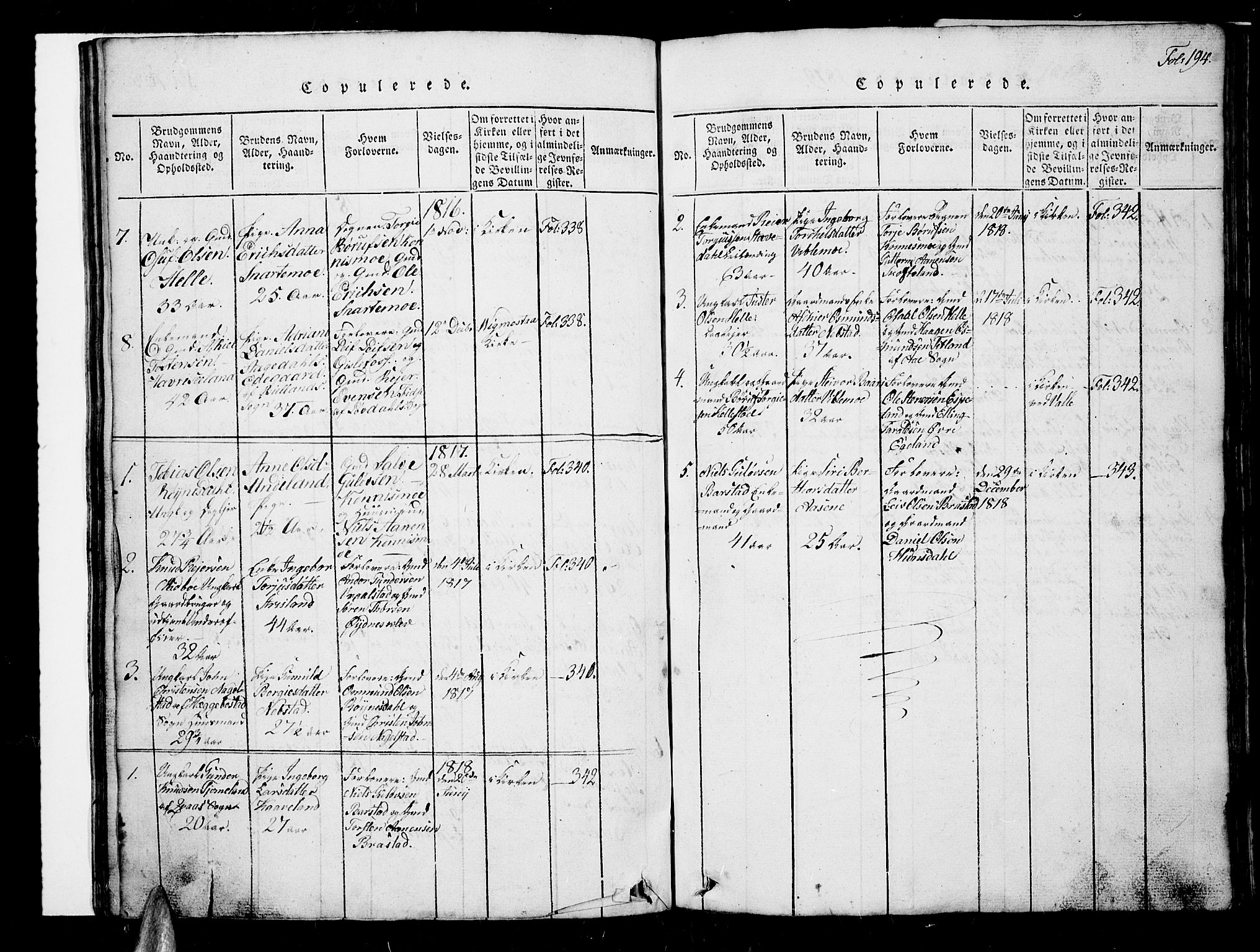 Nord-Audnedal sokneprestkontor, SAK/1111-0032/F/Fb/Fba/L0001: Klokkerbok nr. B 1, 1815-1856, s. 194