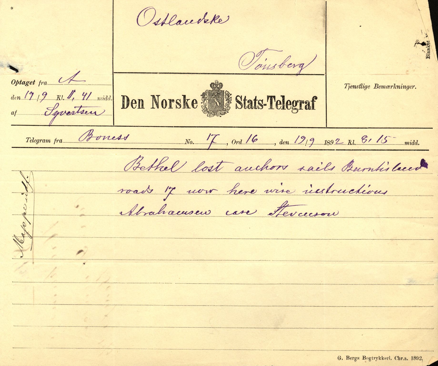 Pa 63 - Østlandske skibsassuranceforening, VEMU/A-1079/G/Ga/L0028/0002: Havaridokumenter / Marie, Favorit, Tabor, Sylphiden, Berthel, America, 1892, s. 89