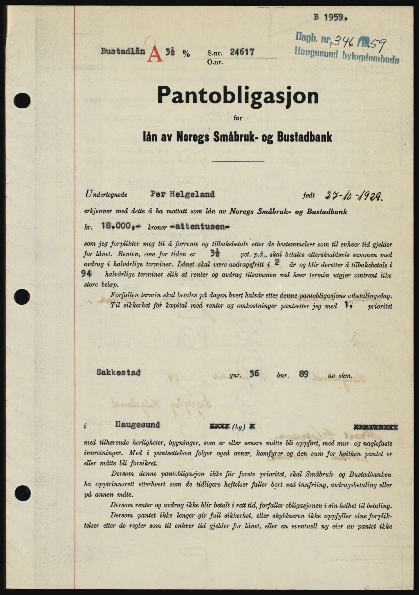 Haugesund tingrett, SAST/A-101415/01/II/IIC/L0045: Pantebok nr. B 45, 1959-1959, Dagboknr: 346/1959