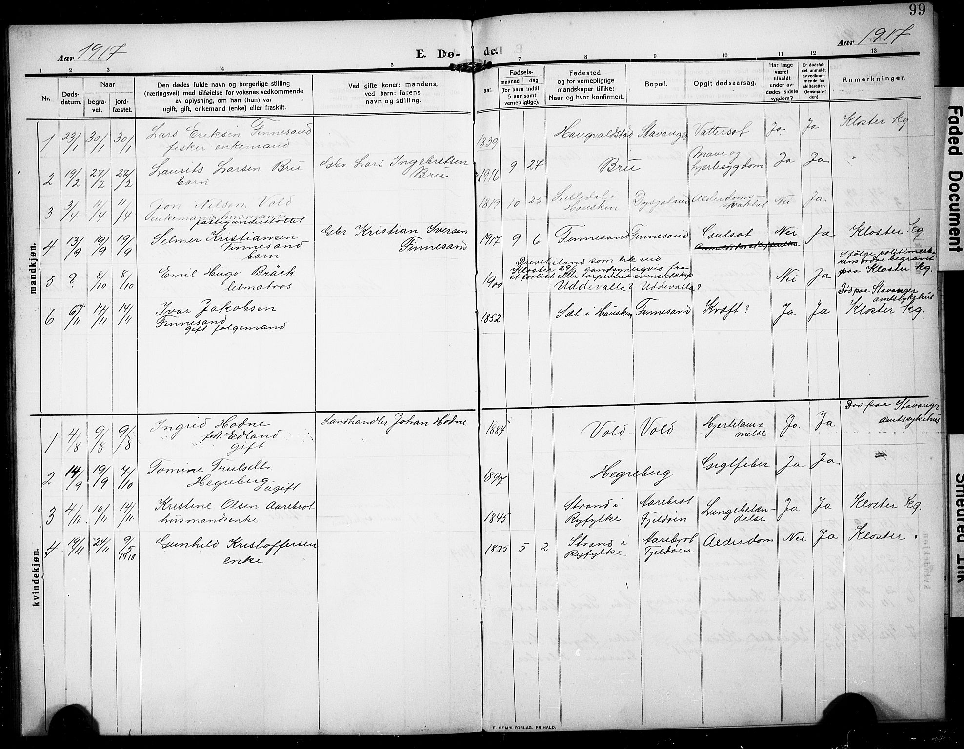 Rennesøy sokneprestkontor, SAST/A -101827/H/Ha/Hab/L0013: Klokkerbok nr. B 12, 1907-1928, s. 99