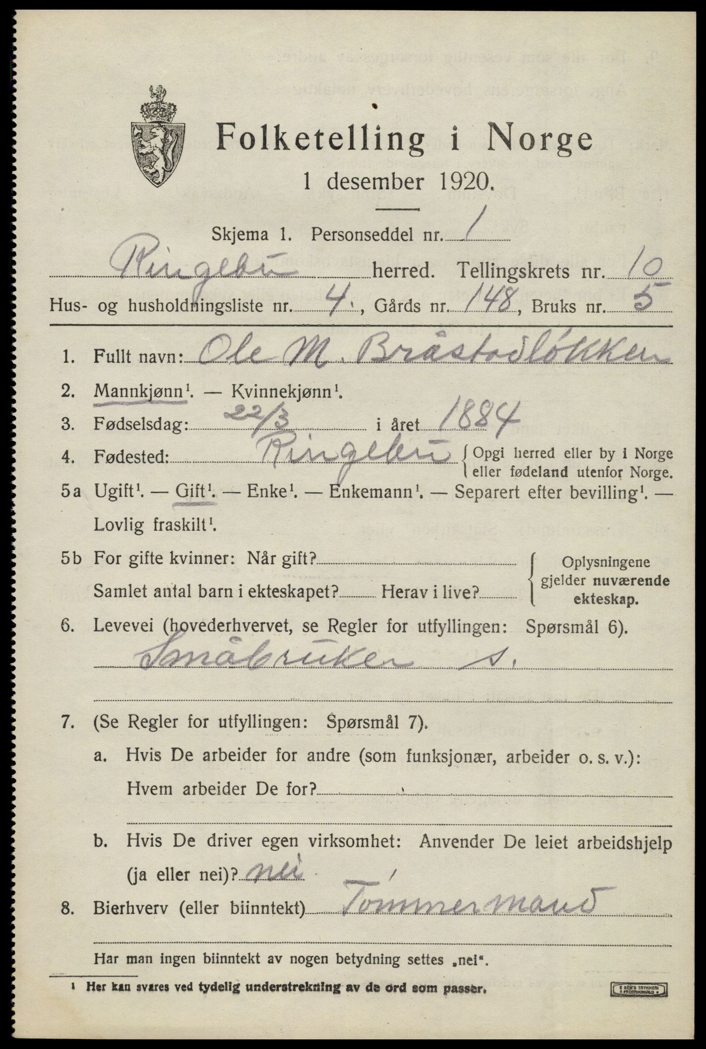 SAH, Folketelling 1920 for 0520 Ringebu herred, 1920, s. 9415