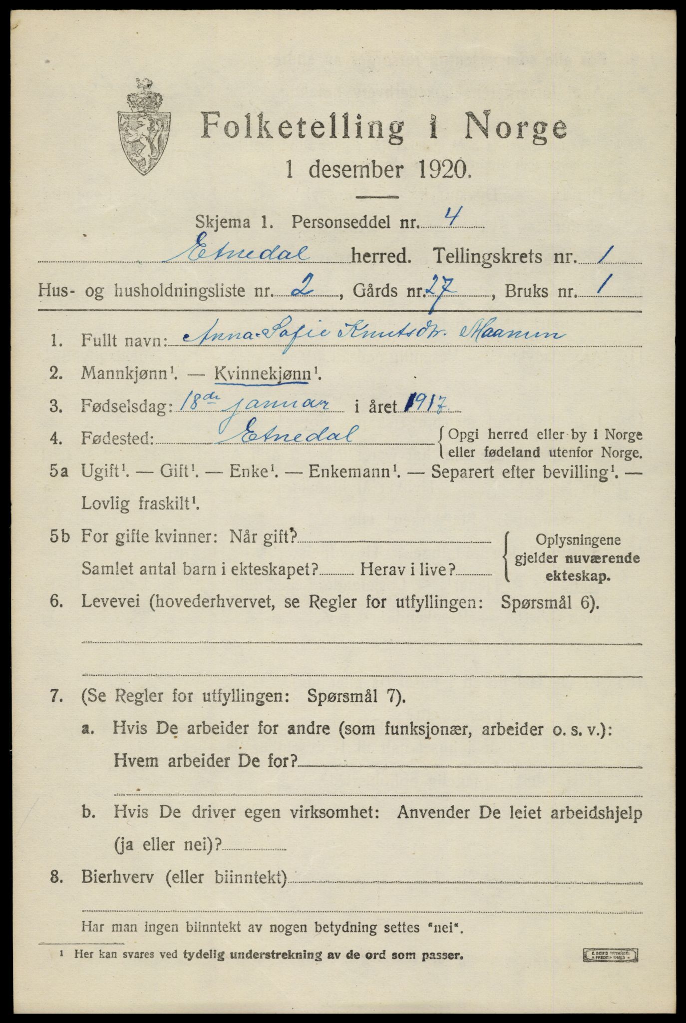 SAH, Folketelling 1920 for 0541 Etnedal herred, 1920, s. 808