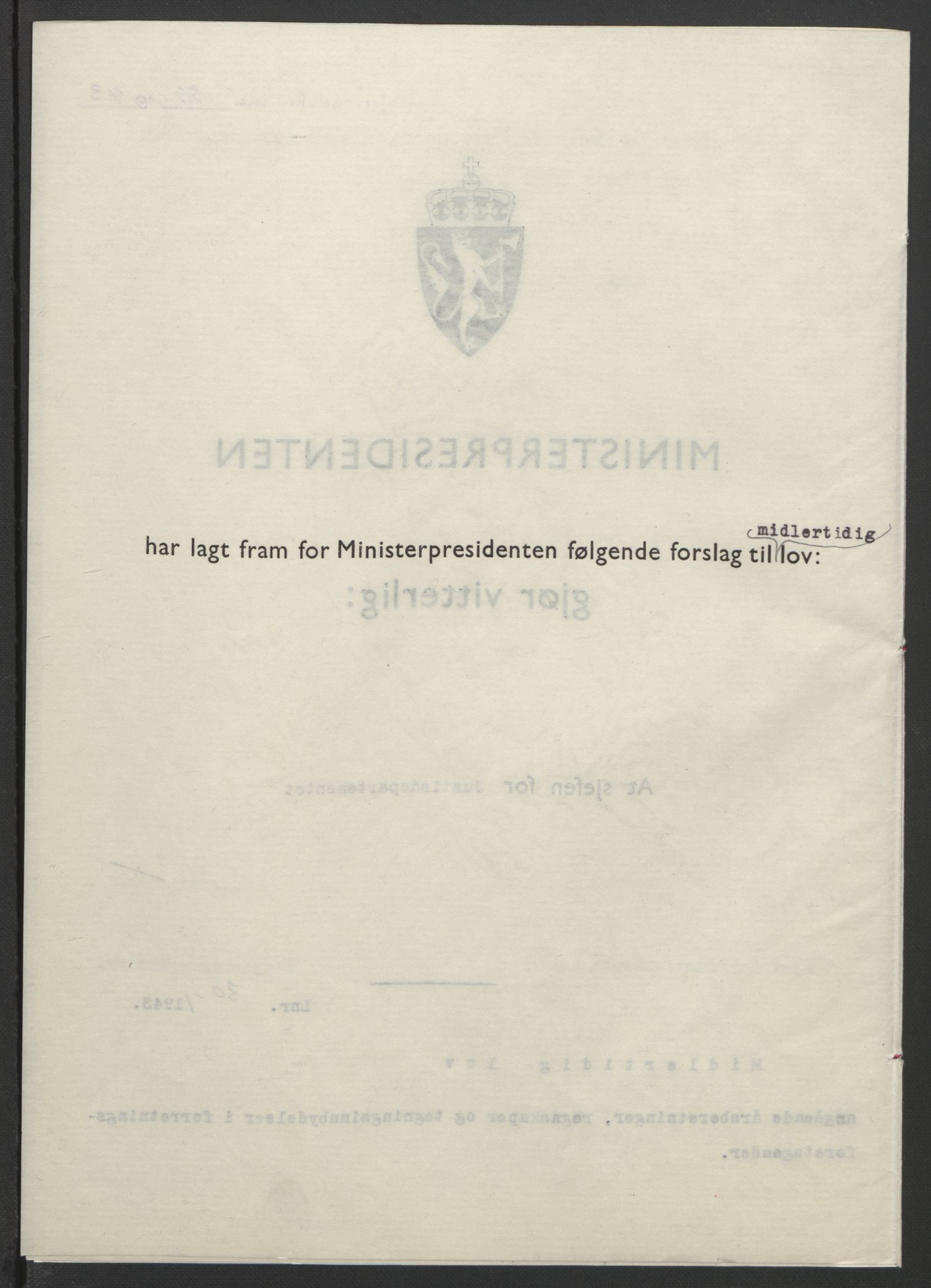NS-administrasjonen 1940-1945 (Statsrådsekretariatet, de kommisariske statsråder mm), RA/S-4279/D/Db/L0099: Lover, 1943, s. 125