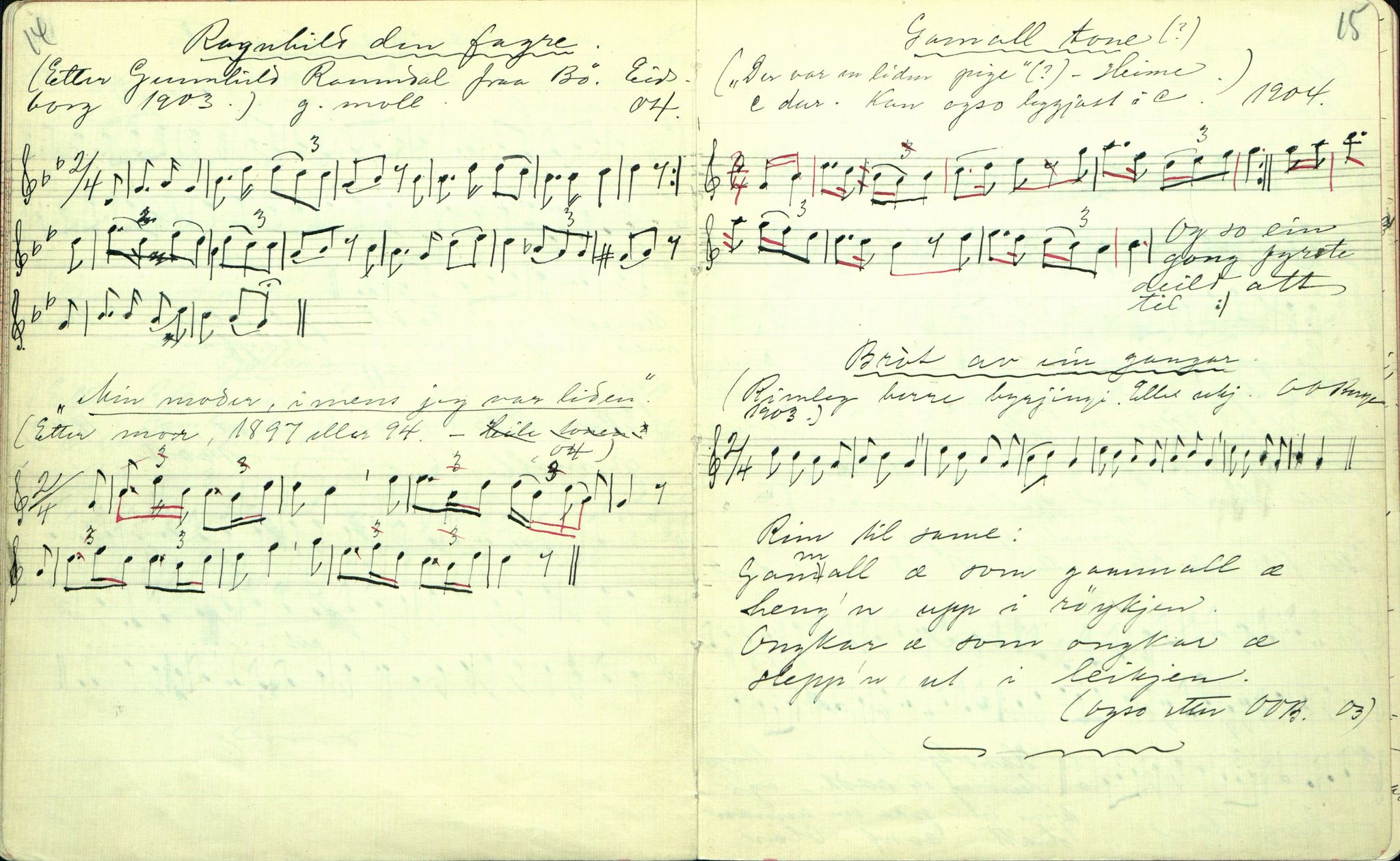 Rikard Berge, TEMU/TGM-A-1003/F/L0001/0031: 001-030 Innholdslister / 27. Musikksogu IV, 1903-1904, s. 14-15