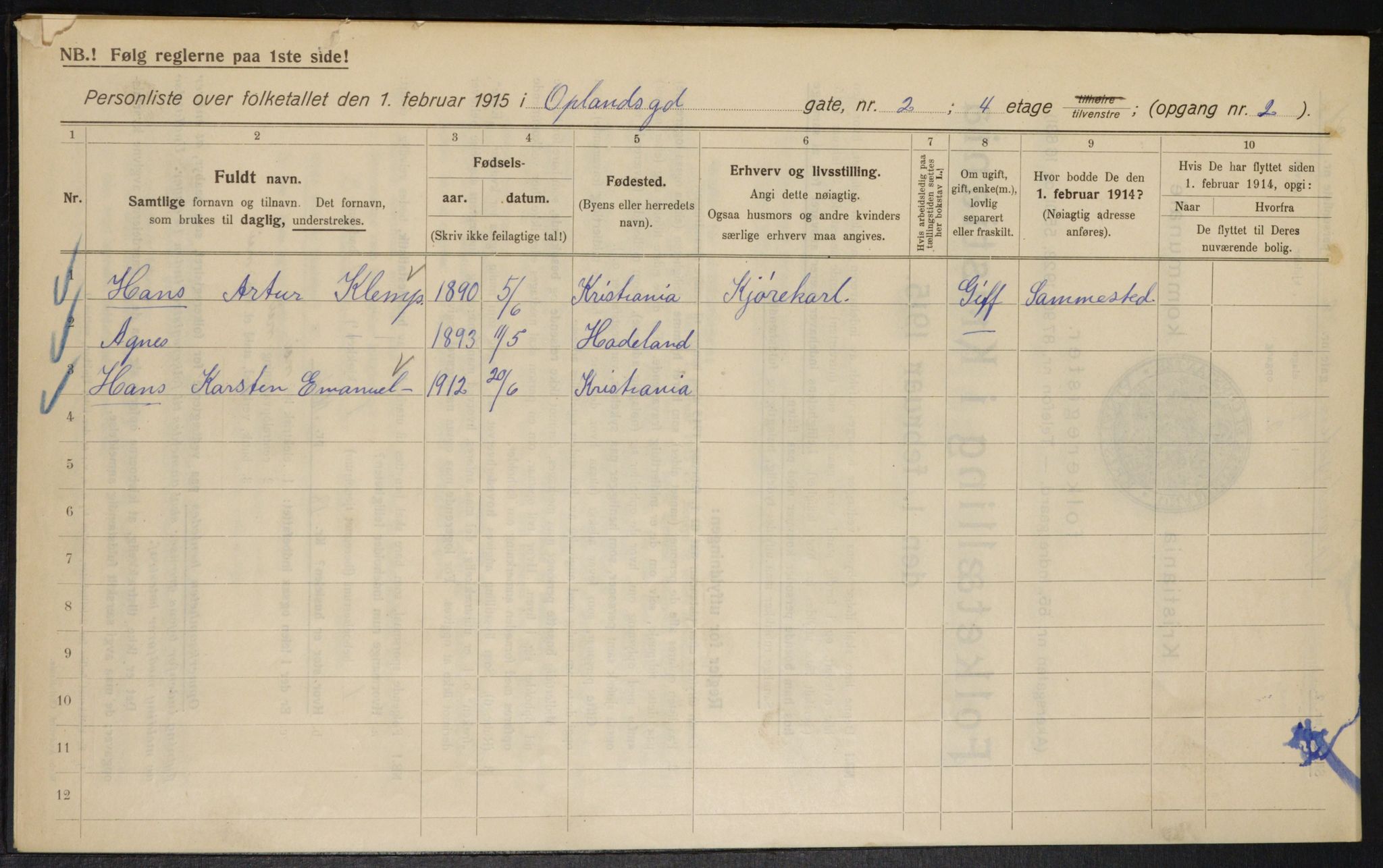 OBA, Kommunal folketelling 1.2.1915 for Kristiania, 1915, s. 75257