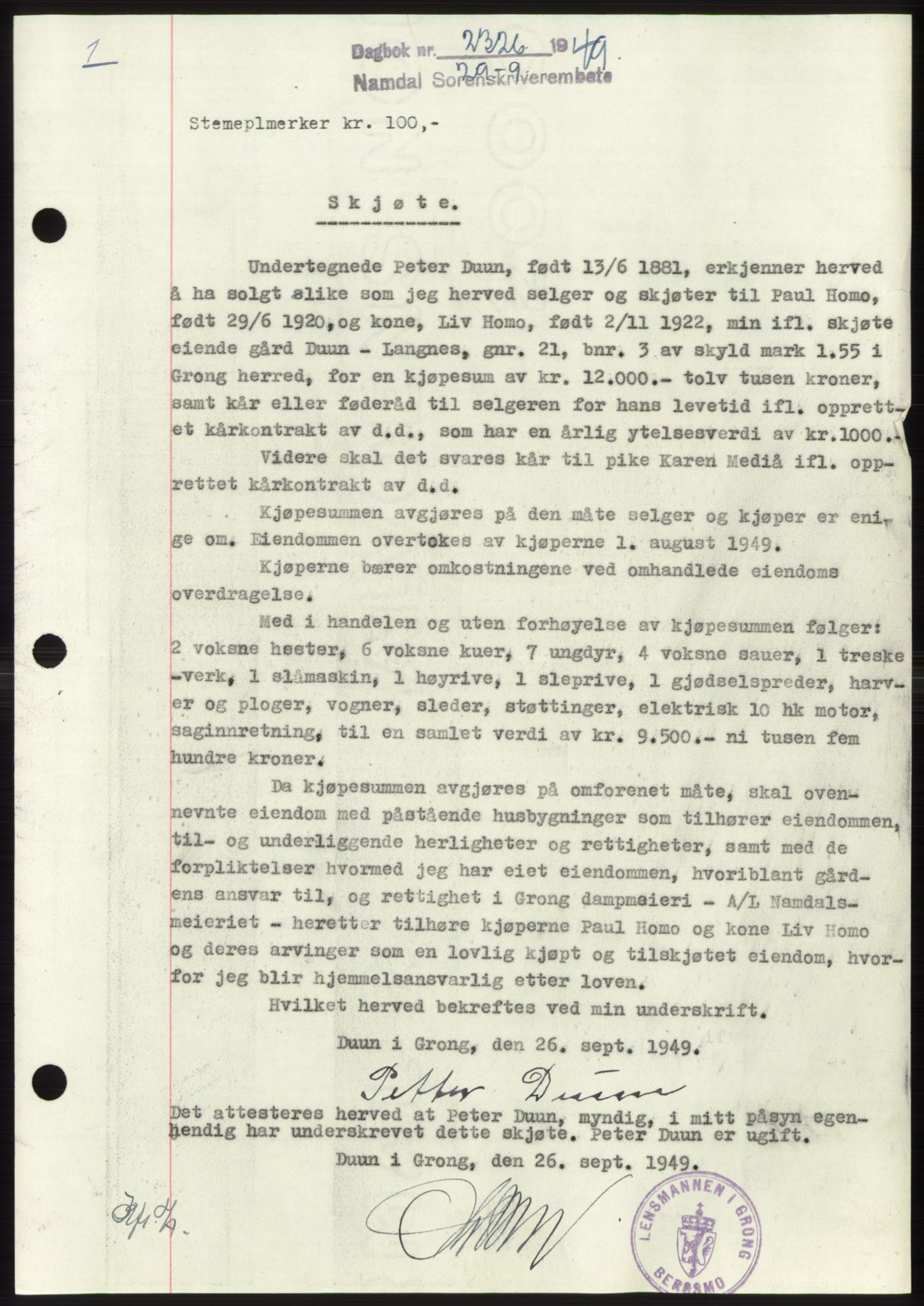 Namdal sorenskriveri, SAT/A-4133/1/2/2C: Pantebok nr. -, 1949-1949, Dagboknr: 2326/1949