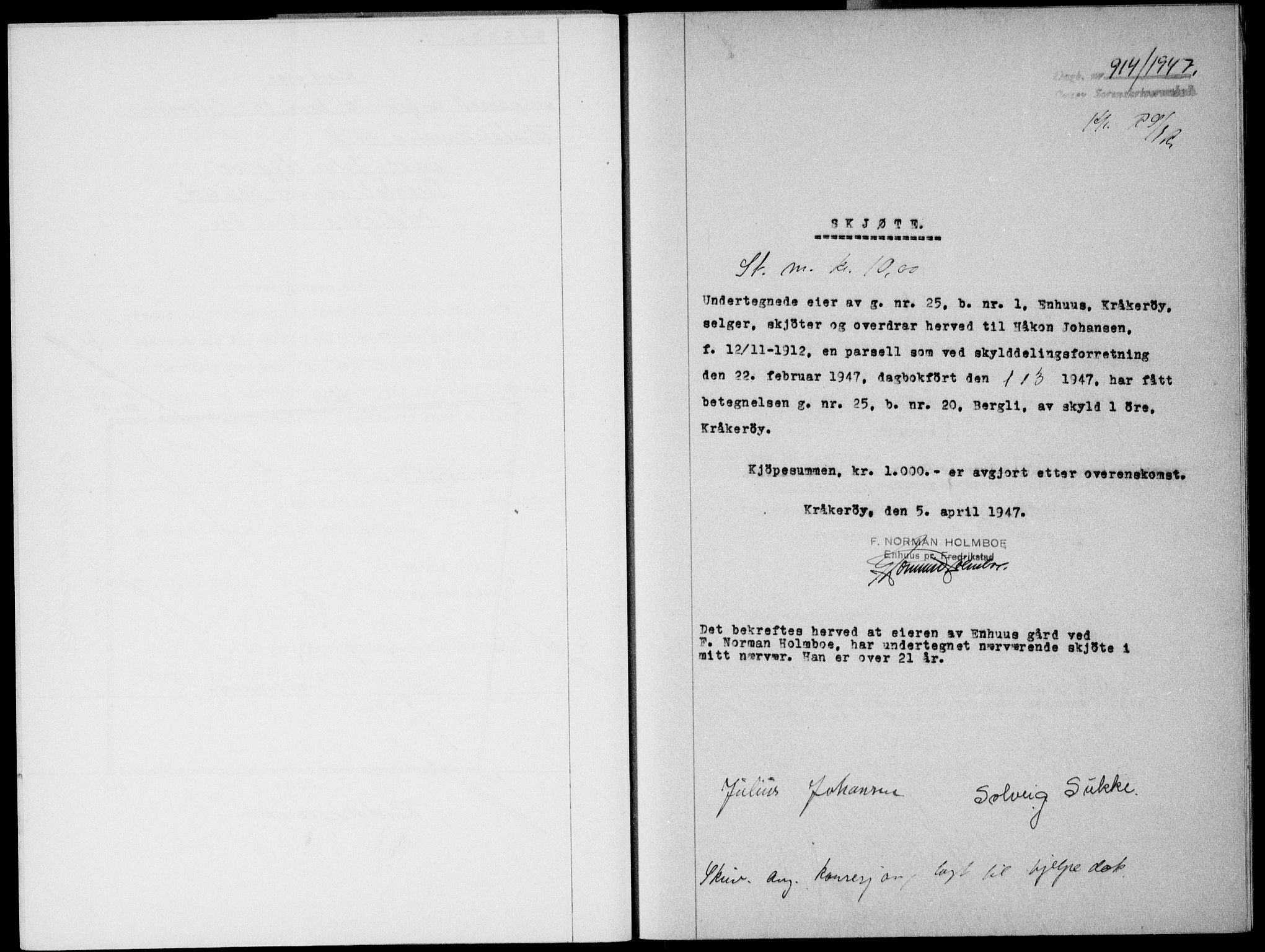 Onsøy sorenskriveri, SAO/A-10474/G/Ga/Gab/L0019b: Pantebok nr. II A-19 B, 1947-1947, Dagboknr: 914/1947